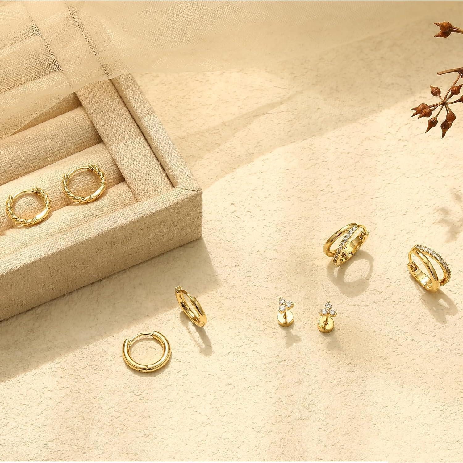 LuxusKollektion Schmuckset Ohrringe 4 Paar Damen Silber Gold Creolen 14K Doppelter Creolen-Gold