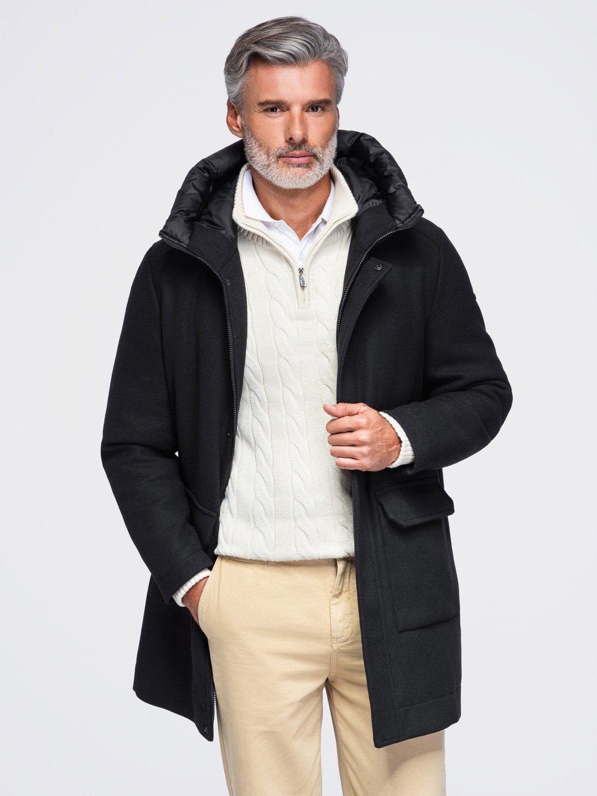 OMBRE Wintermantel Herren Wintermantel mit Kapuze und leichtem Futter Schwarz L (kein Set, 1-tlg) mit Kapuze