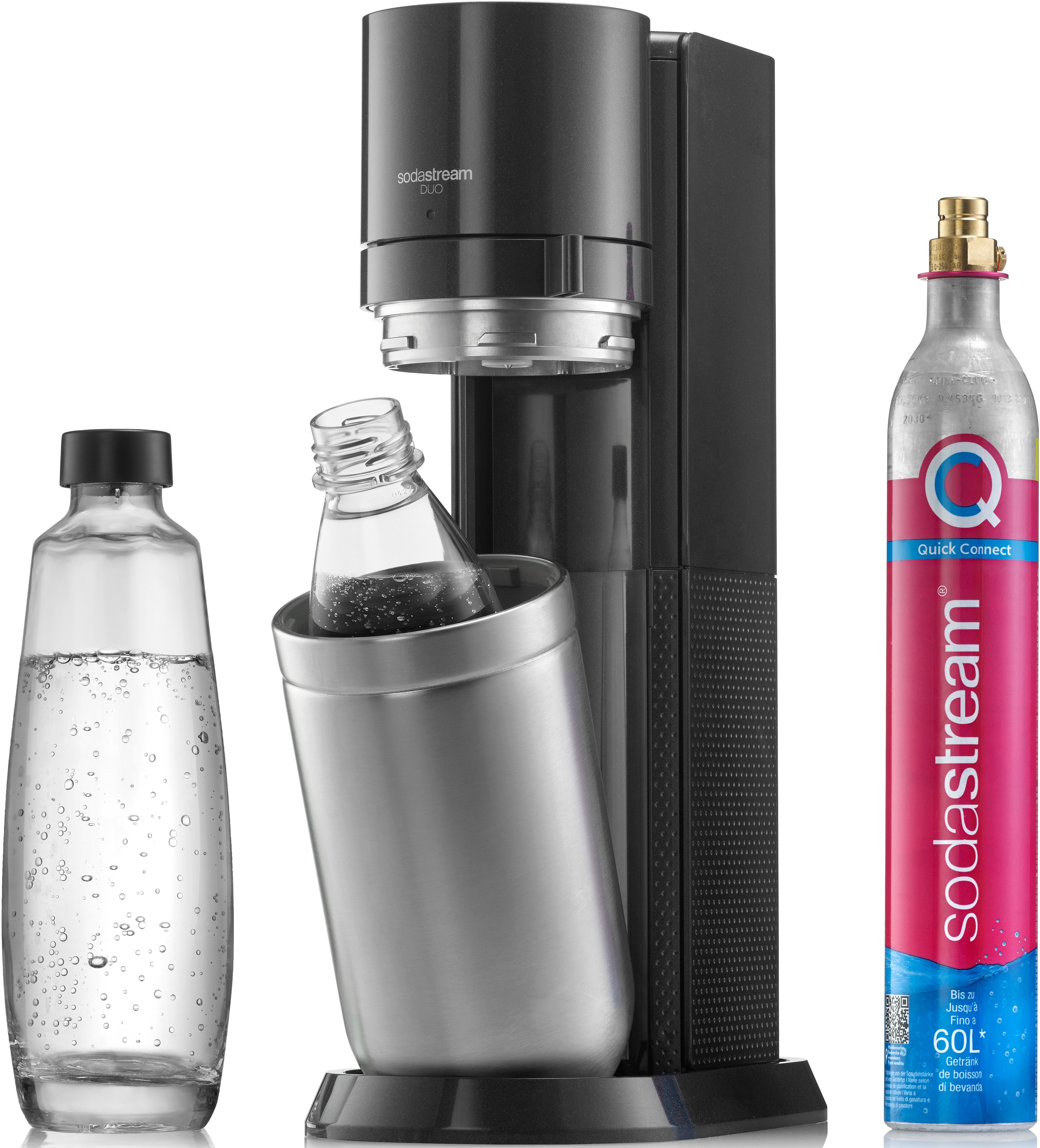 Ein unverzichtbares Markenfachgeschäft SodaStream Wassersprudler DUO, (Set, 4-tlg), spülmaschinenfeste 1L CO2-Zylinder, Glasflasche, 1L Kunststoff-Flasche schwarz