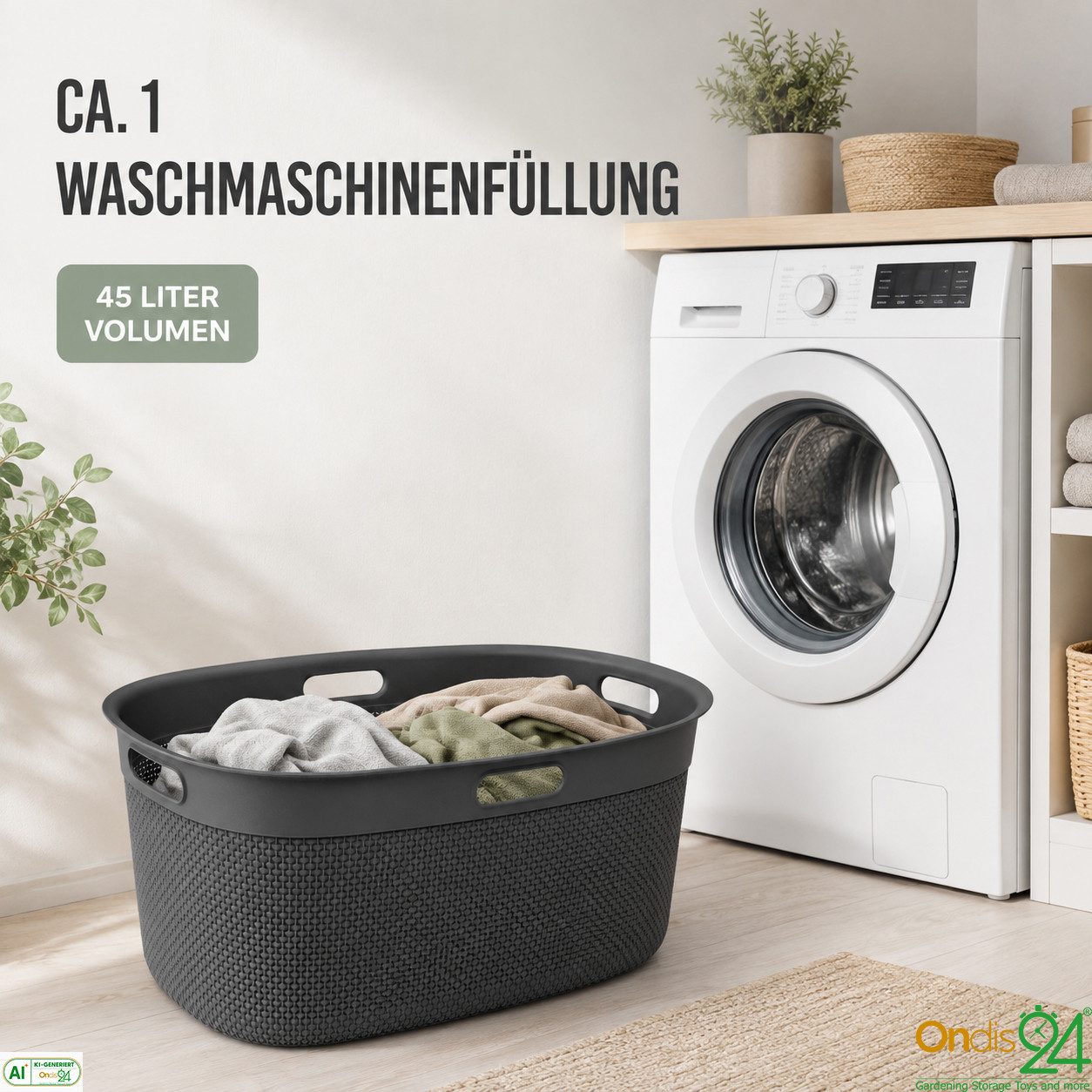ONDIS24 Wäschekorb Tragekorb Filo 45 L, hochwertiger, geruchsneutraler Kunststoff, 45 L, belüftet und nestbar – Bild 2 von 5