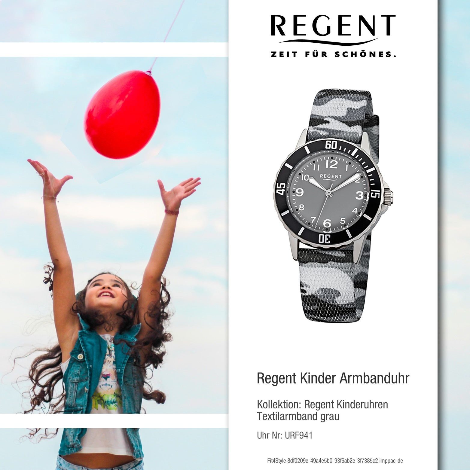 Quarzuhr, Regent mit Elegan F-941 Regent Kinderuhr Kinder rundes Uhr Gehäuse, Textilarmband, Textil 32mm), (ca. Quarzuhr mittel