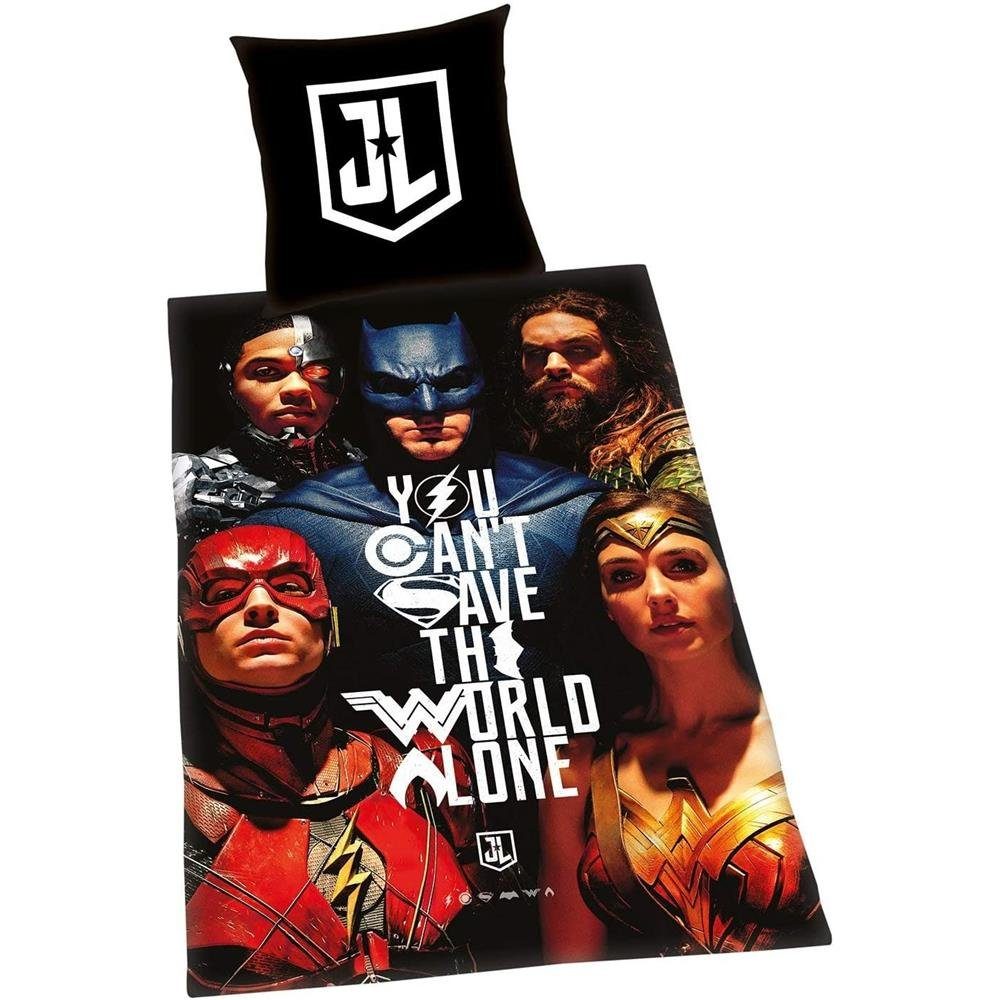 Herding Bettwäsche Justice League, 80x80+135x200 cm Superhelden Bettbezug Kissenbezug atmungsaktiv schwarz/rot