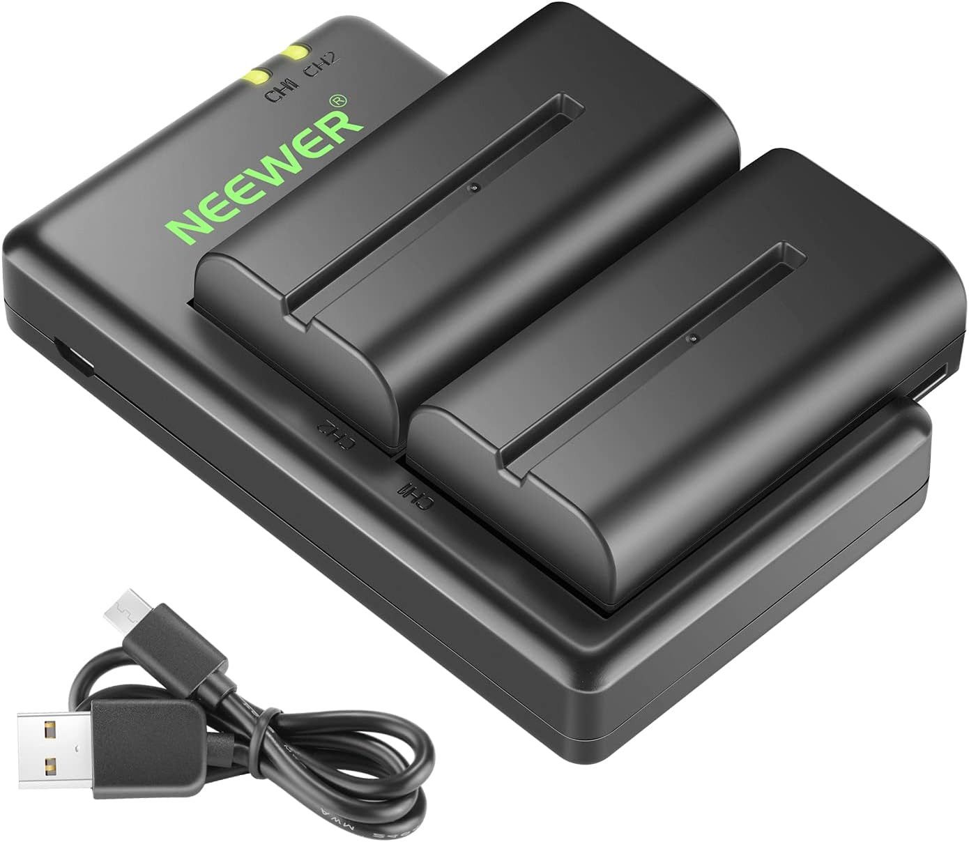 Neewer Ersatzakku und Ladegerät Set für NP-F550, 2er Pack 2600mAh Akkus Kamera-Akku, mit USB Ladegerät