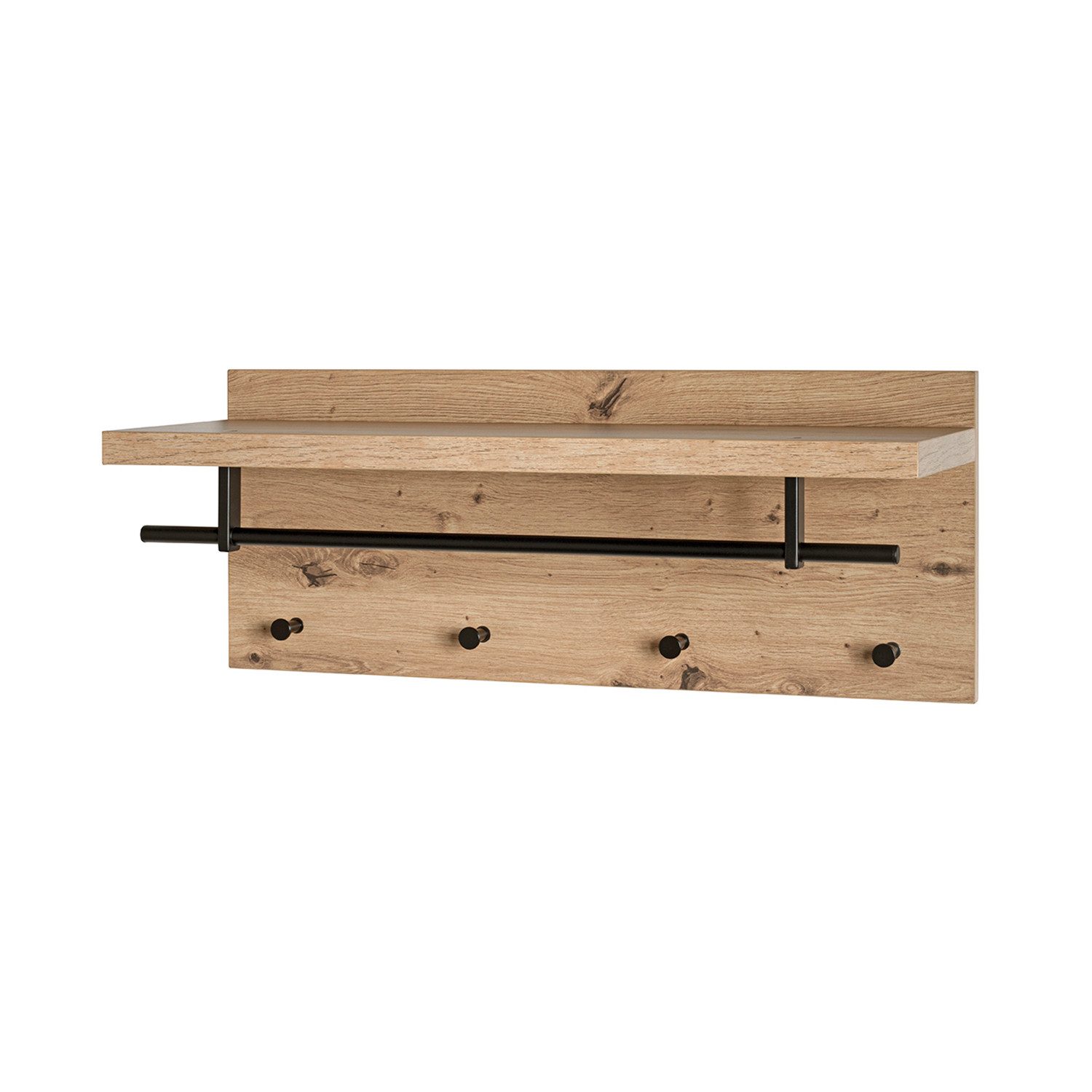 HAKU Garderobenständer PARMA 5 Garderobe - eiche-schwarz - MDF, Metall - H. 30cm x B. 75cm, (1xWandgarderobe, Wandhalterung - Wandhalter), Wandhakenleiste - Hakenleiste - Garderobenleiste - Wandhaken