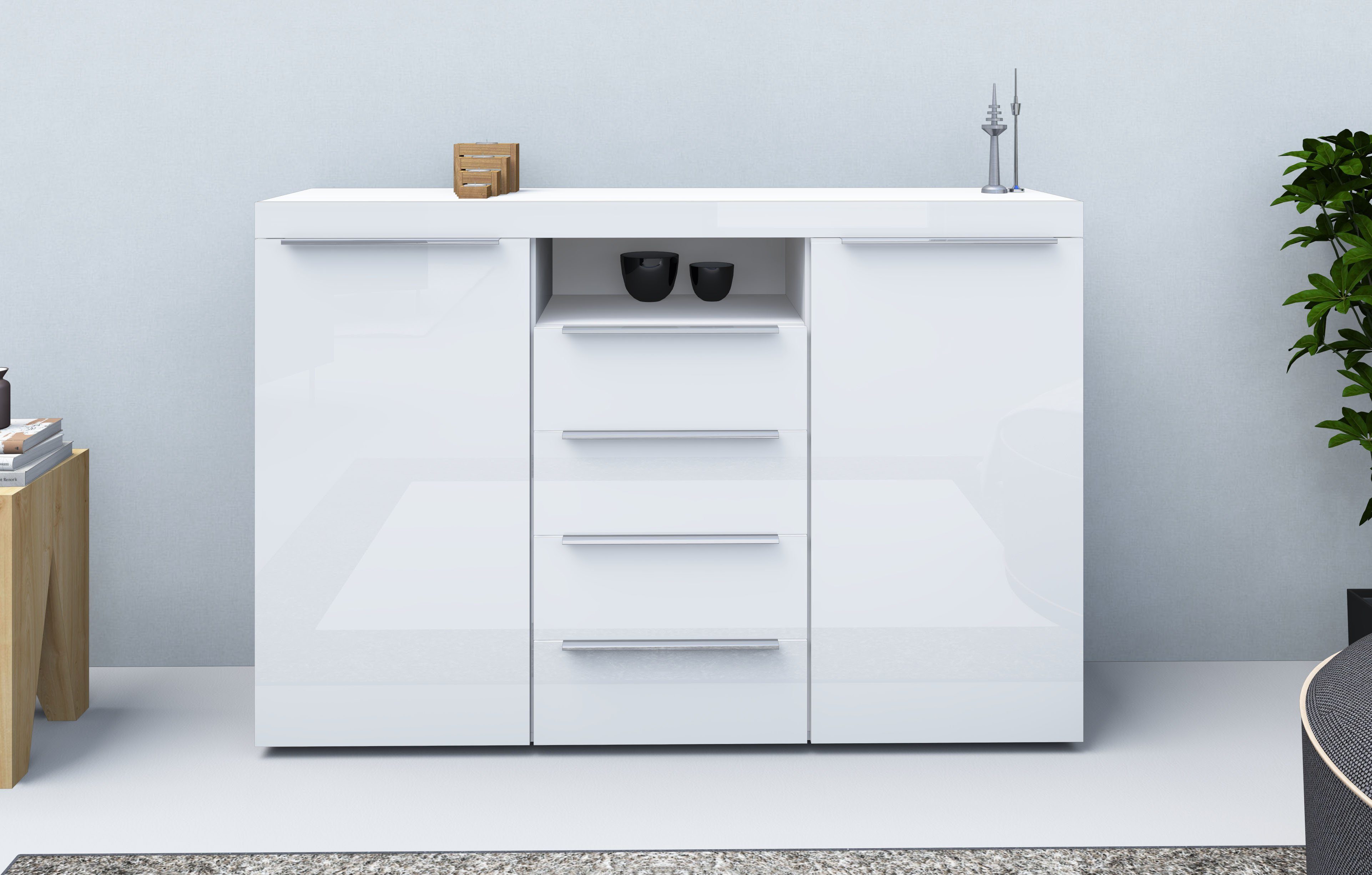 borchardt Möbel Highboard Durban, Breite 139cm, Kommode mit glänzenden Metallgriffen, viel Stauraum, Türen und Schubladen, Einlegeböden verstellbar