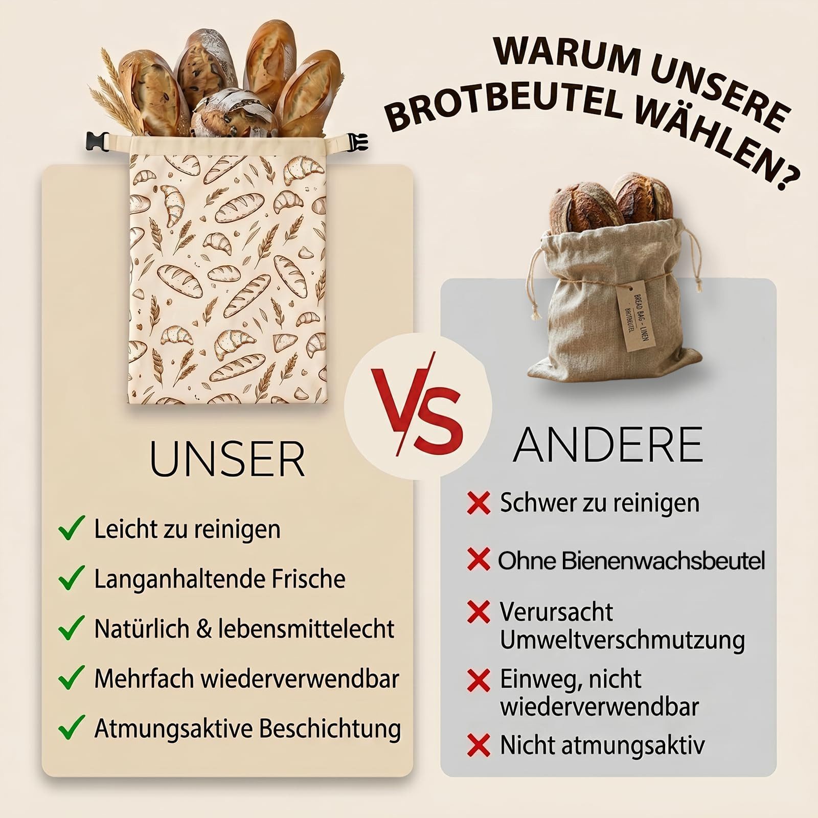 Diwzbyn Brottasche Bienenwachs Brotbeutel 2er Set 33x43 cm,Brotsack zur Brotaufbewahrung, (2-tlg), Stoff Brot Aufbewahrungsbeutel für Selbstgebackenes Brot – Bild 3 von 5