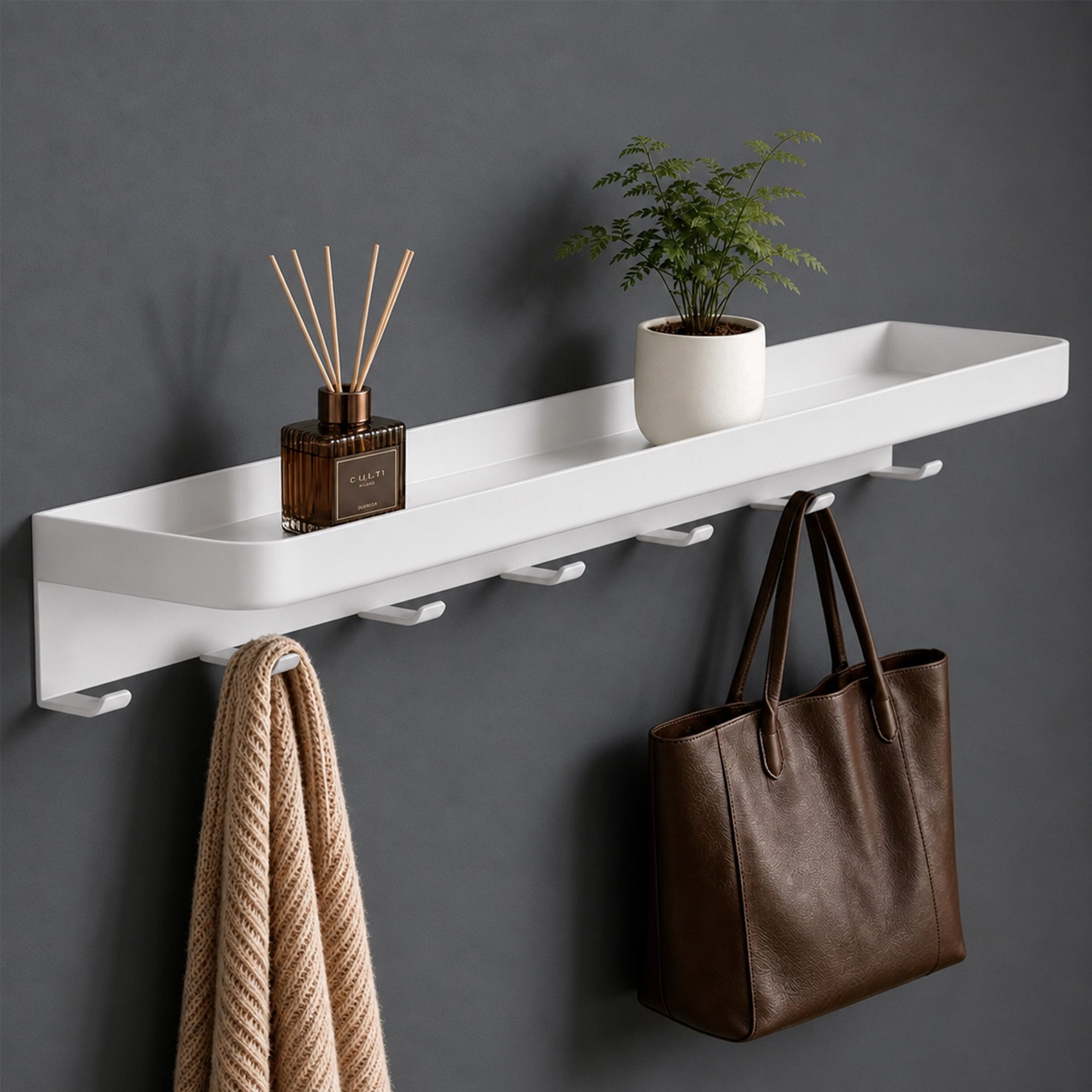 Mai & Mai Garderobenleiste Wandgarderobe mit Ablage Inkl.7 Garderobenhaken 50cm Reglo-20, Hakenleiste mit Ablage, Kleben oder Bohren, für Bad, Flur und Küche