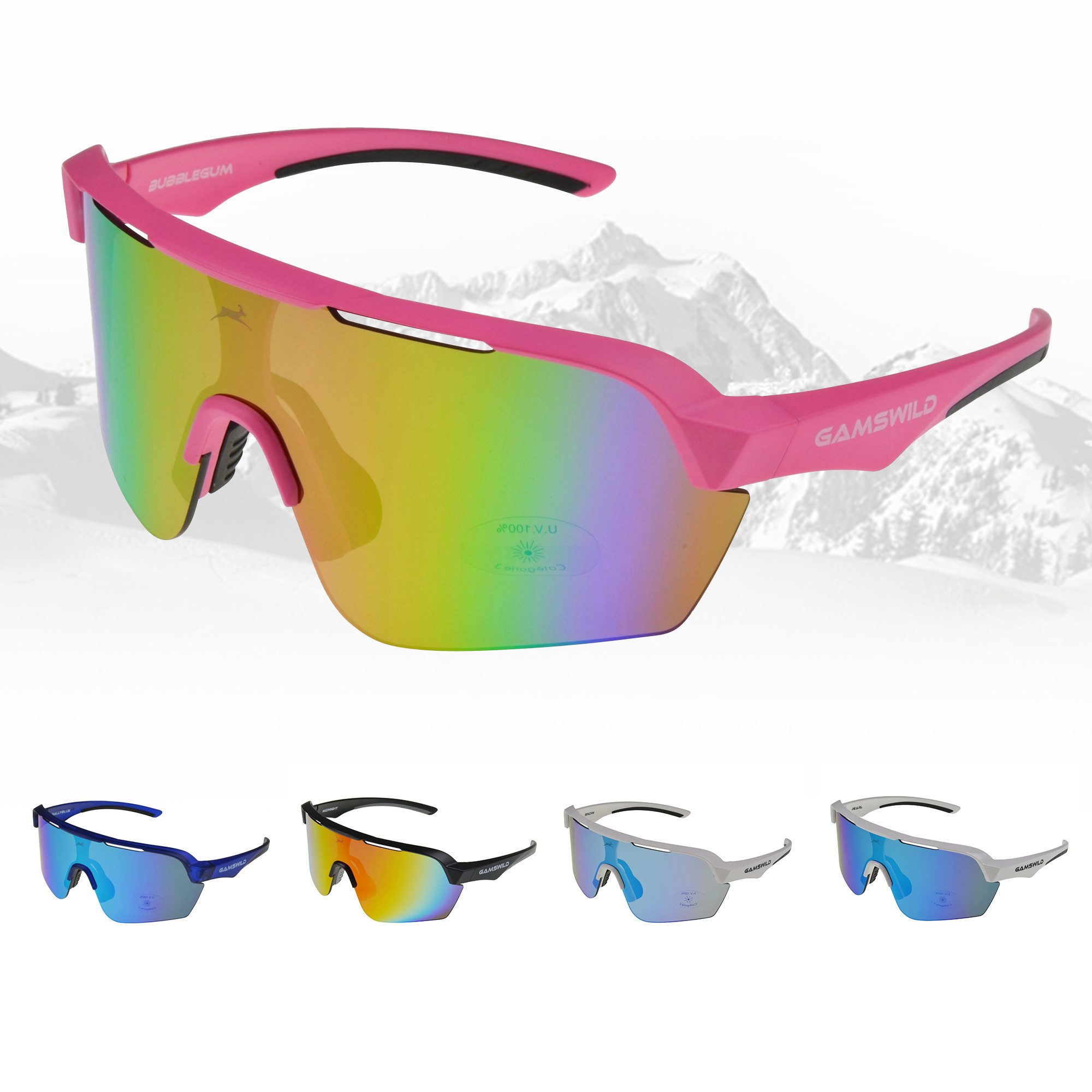 Gamswild Sportbrille UV400 Sonnenbrille Skibrille Fahrradbrille extra große Scheibe Damen, Herren Modell WS7138 in, pink, weiß, blau, schwarz, mintgrün