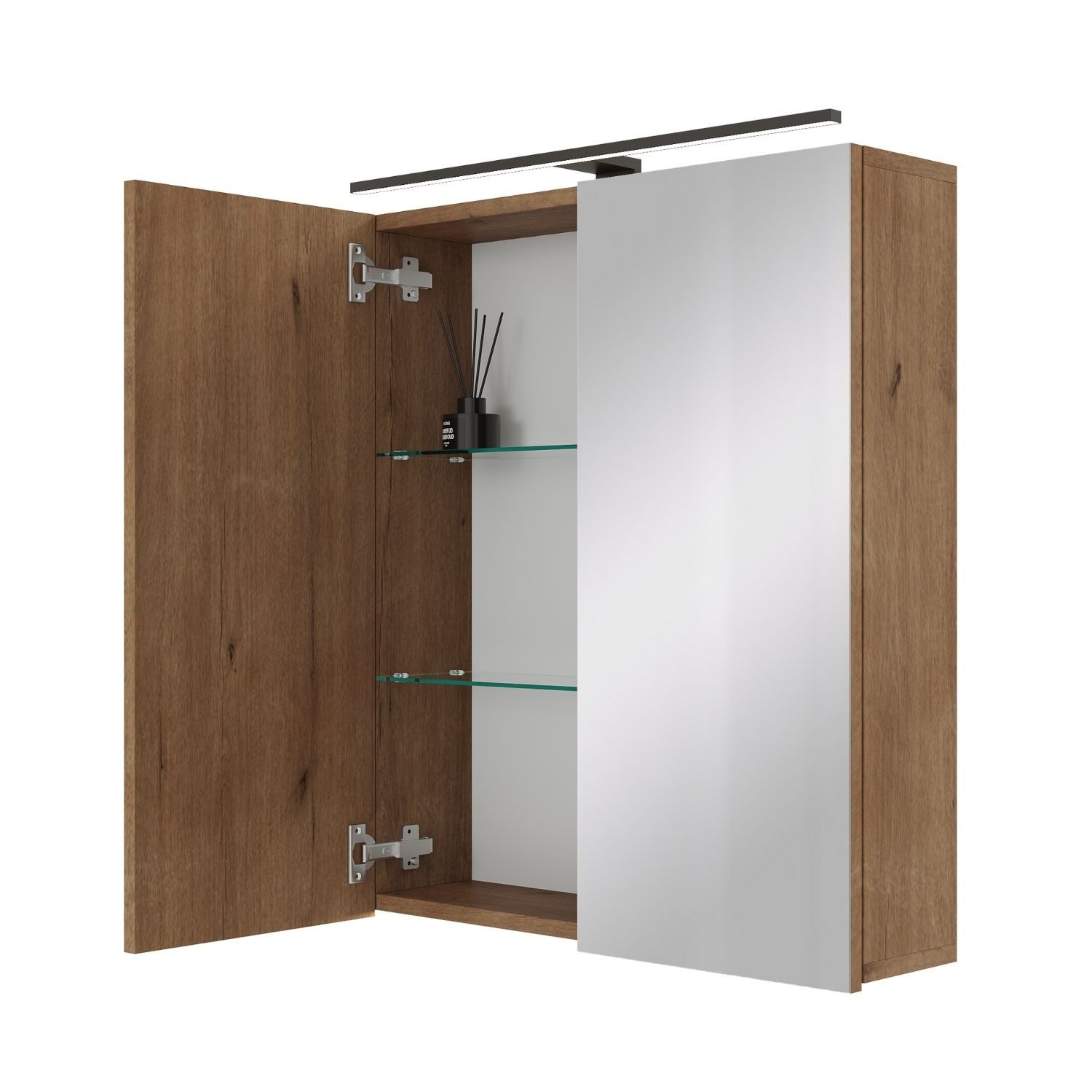 Planetmöbel Spiegelschrank ARIA Badschrank 60 cm mit Beleuchtung & Steckdose (Spiegelschrank Bad mit Beleuchtung 60 x 70 x 16 cm, 3-St., Badspiegelschrank 2-türig) Steckdose für Elektrogeräte, LED-Aufbauleuchte 60cm