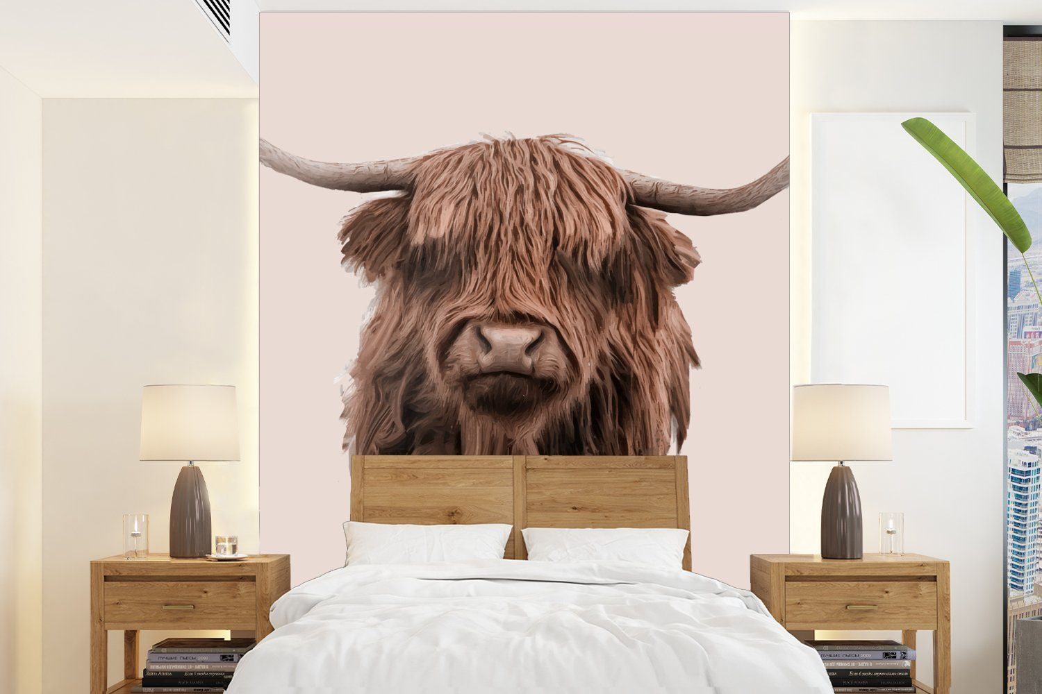 MuchoWow Fototapete Schottischer Highlander - Kuh - Porträt, Matt, bedruckt, (4 St), Montagefertig Vinyl Tapete für Wohnzimmer, Wandtapete