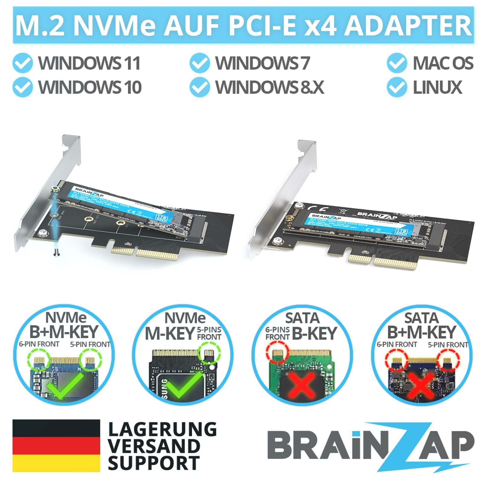 BRAINZAP M.2 NVMe PCIe Adapter Modulkarte PCI-Express zu M.2, M.2 NVMe, PCIe 3.0 x4, M Key, B+M Key