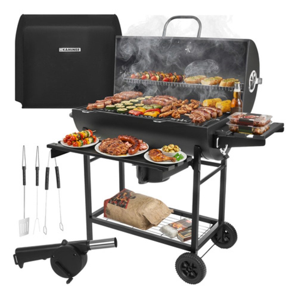 Kaminer Standgrill Holzkohlegrill Grillwagen Barbecue, Deckelthermometer, 2 Grillroste, Abdeckung, Zubehör-Set
