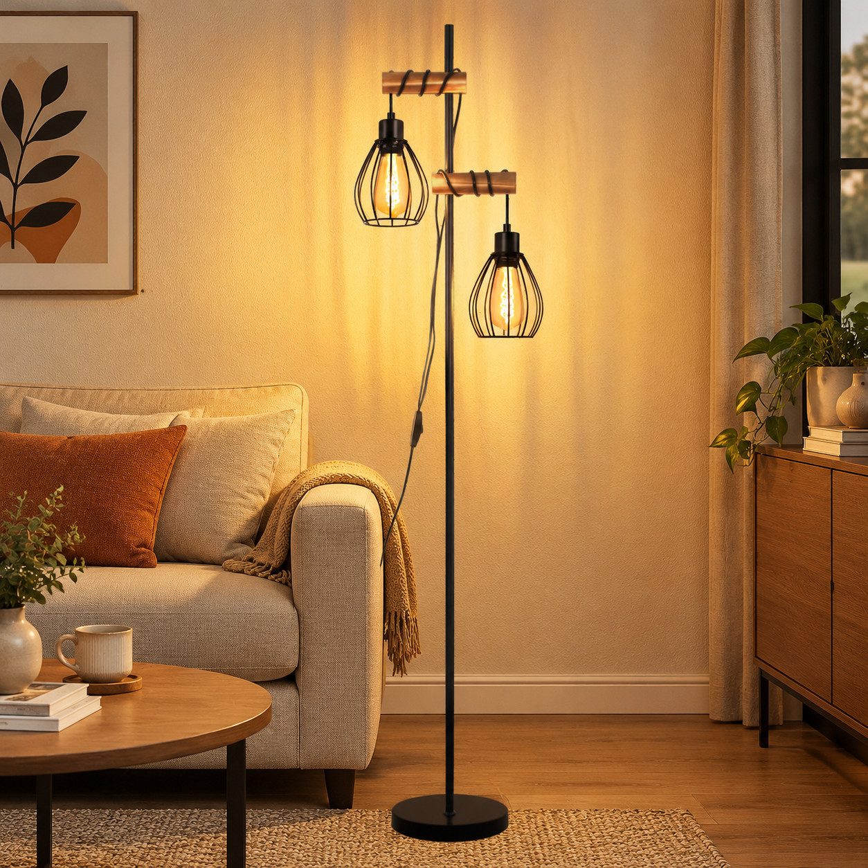 Nettlife Stehlampe Schwarz 2-Flammig 145cm E14/E27 Stehleuchte Vintage Metall Industrial, ohne Leuchtmittel, 22*22*152cm,Fußschalter Leselampe Retro für Schlafzimmer Wohnzimmer
