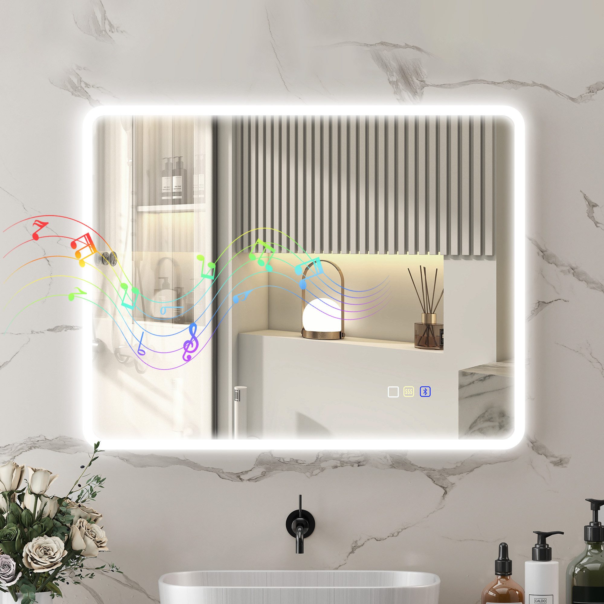 HOMCOM Badspiegel Beleuchtung Lichtspiegel mit Touchschalter, Bluetooth (Beschlagfrei Wandspiegel, 1-St., dimmbar LED Spiegel), Silber