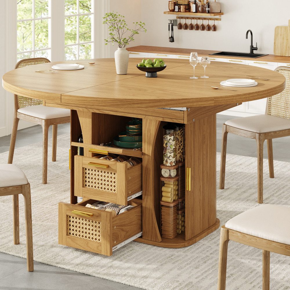 BBWL Esstisch mit Stauraum 118–158 cm MDF-Holzoptik mit Rattan-Schubladen, Ausziehbarer Esstisch, Rund Esstisch