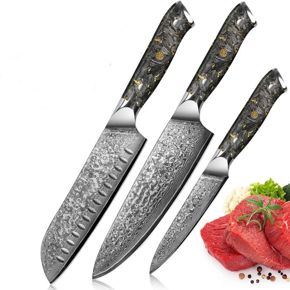 KingLux Messer-Set 3tlg.Damast Küchenmesser Set Chefmesser Santokumesser Allezweckmesser (3-tlg)
