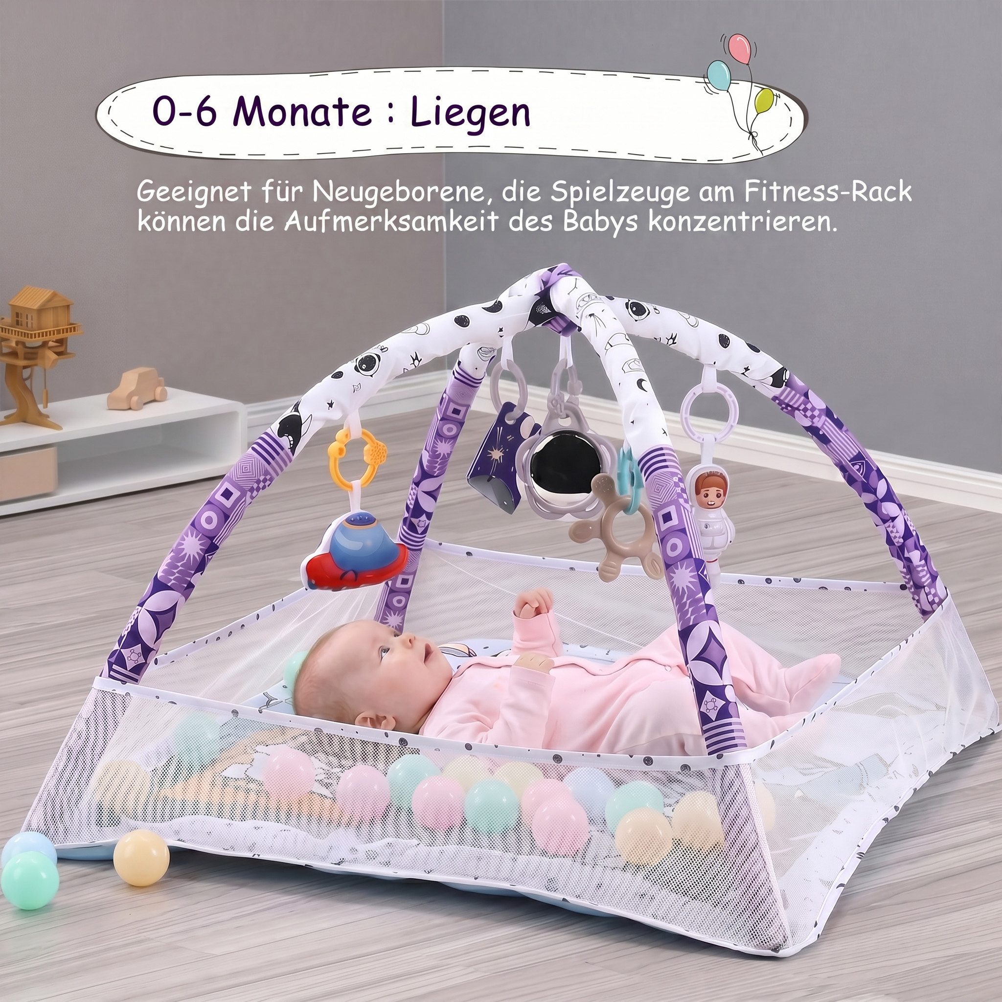 oyajia Spielbogen Baby Spielmatte Zaun Fitness Krabbeldecke Spielecke 75x75×50cm, (5 Plastikspielzeug, 1 weichen Spiegel, 18 Meeresbälle, Faltbare Matte,Spielbogen für Babys Aktivitätsdecke,Meeresspielzeug), Geeignet für Neugeborene von 0–12 Monaten zur Wachstumserkundung