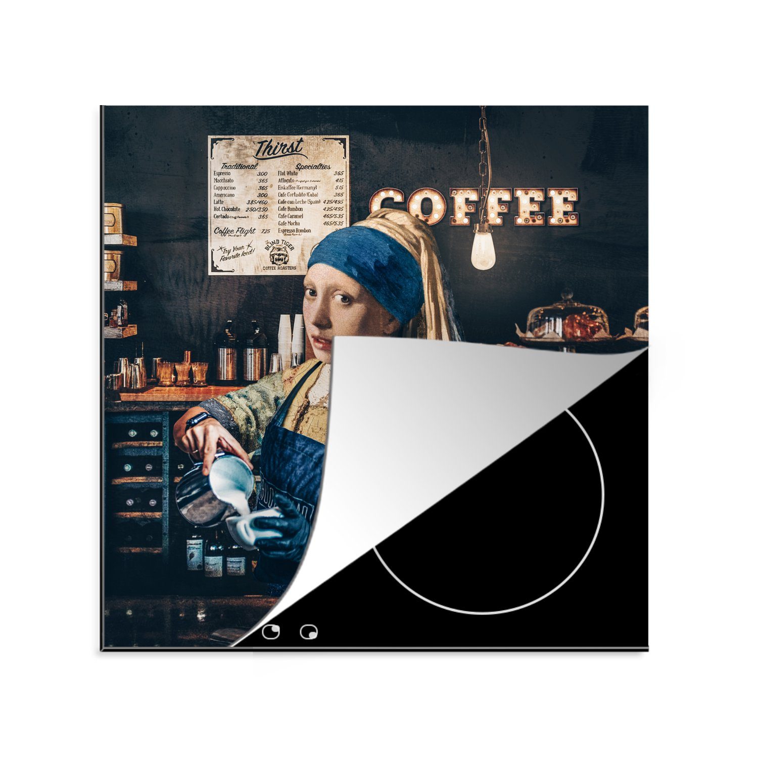 MuchoWow Herdblende-/Abdeckplatte Kaffee - Mädchen mit Perlenohrring - Barista - Vermeer - Cappuccino -, Vinyl, (1 tlg), 78x78 cm, Ceranfeldabdeckung, Arbeitsplatte für küche