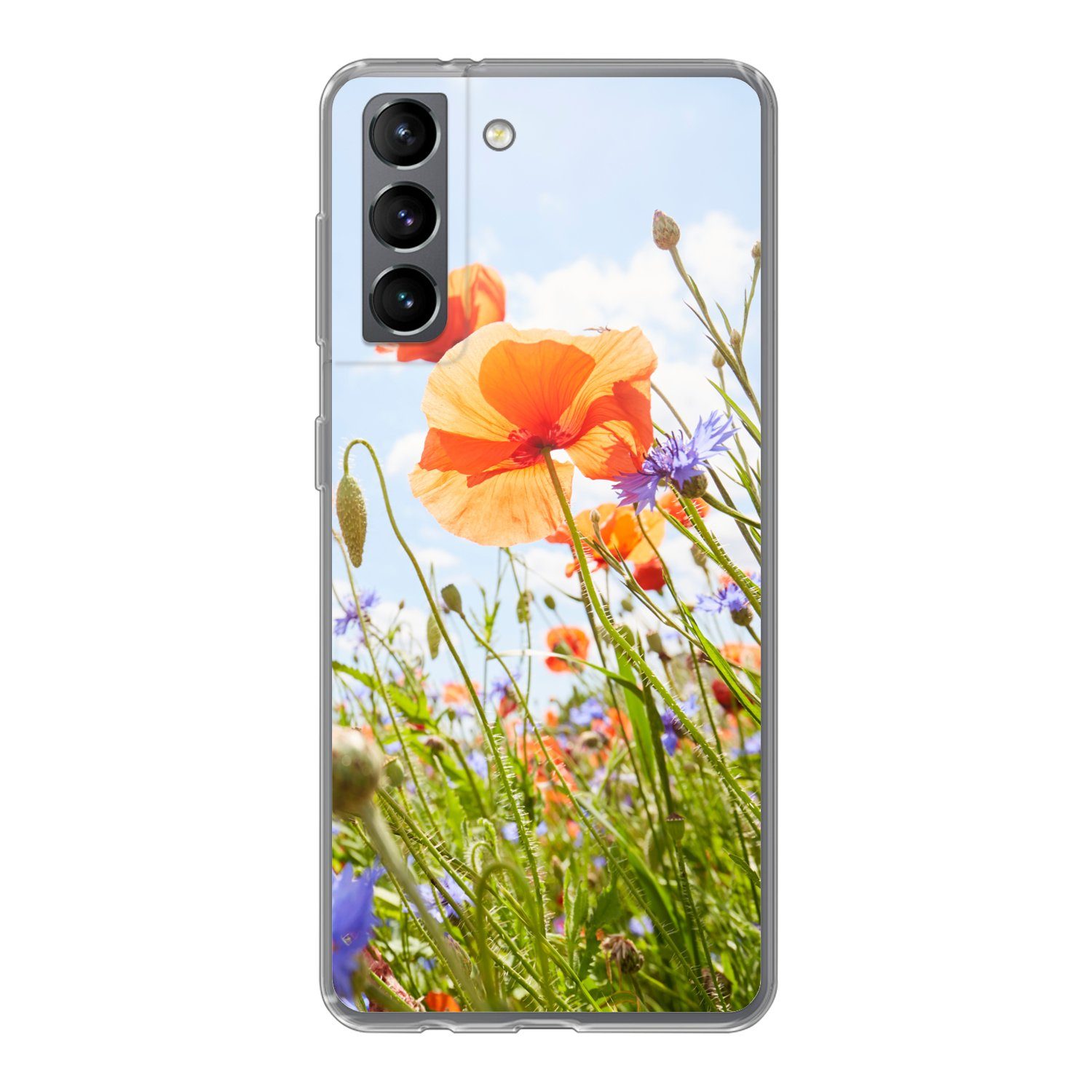 MuchoWow Handyhülle für Samsung Galaxy S21 Blumen - Mohn - Frühling - Natur - Rot - Blau, Phone Case, Silikon, Schutzhülle Dünn