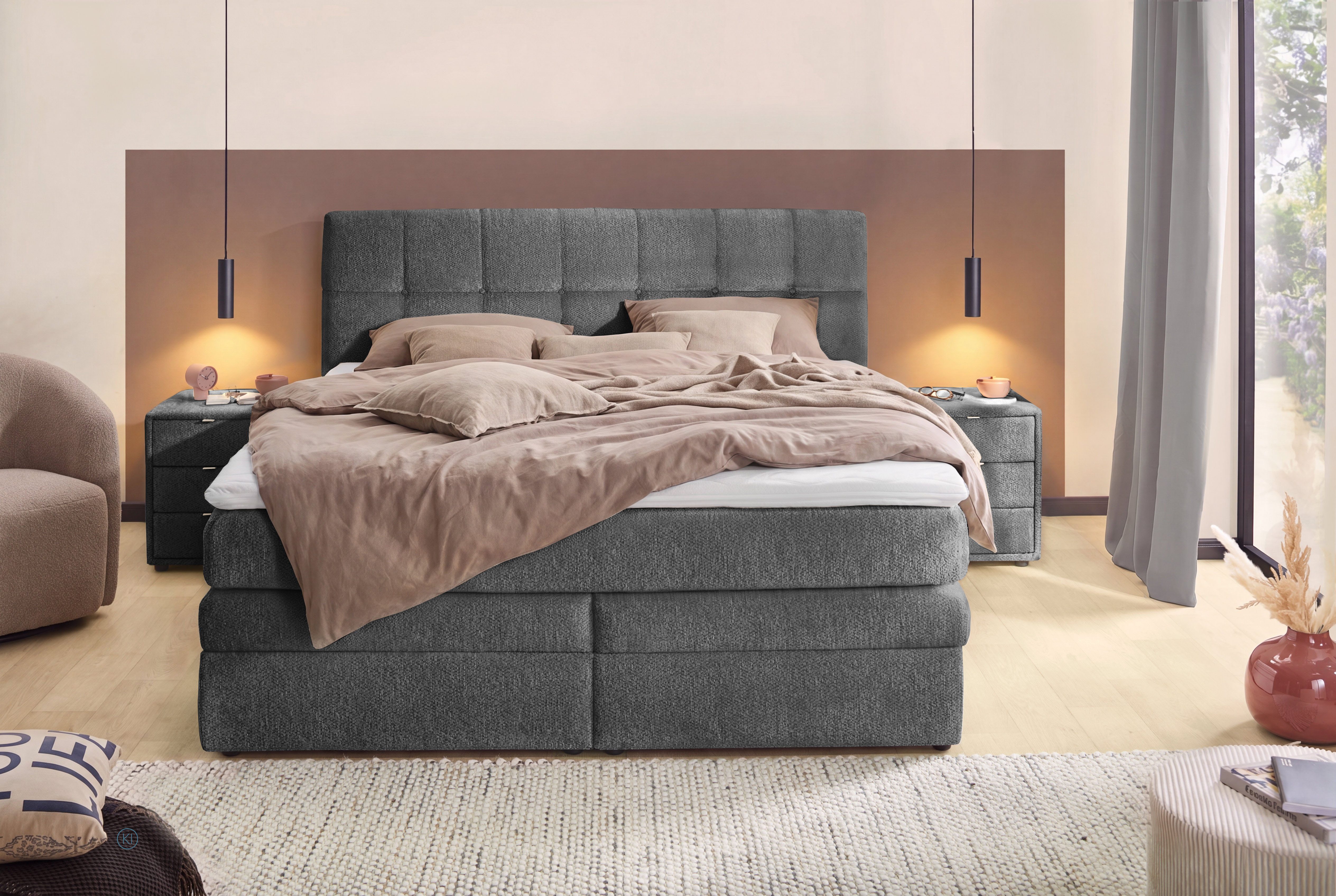 Jockenhöfer Gruppe Boxspringbett AMY in Chenille, erhältlich in den Breiten 180cm & 200cm, mit Bettkasten und Topper