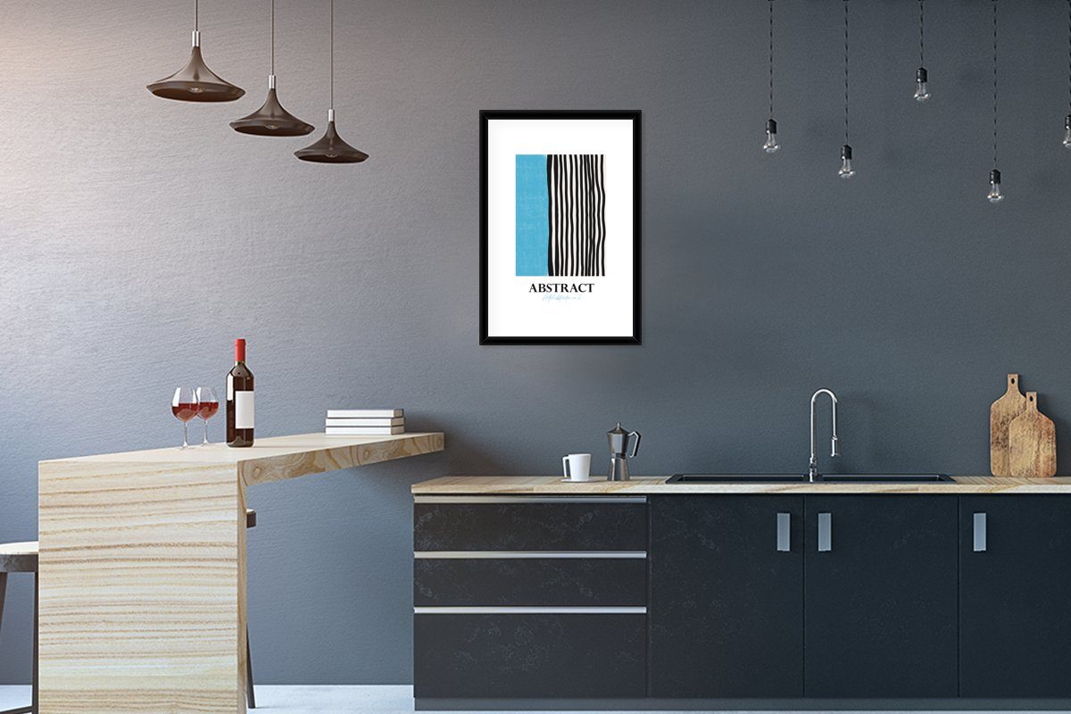 MuchoWow Poster Design - Blau - Schwarz - Weiß, (1 St), mit Rahmen, Kunstdruck, Gerahmtes Poster, Schwarzem Bilderrahmen