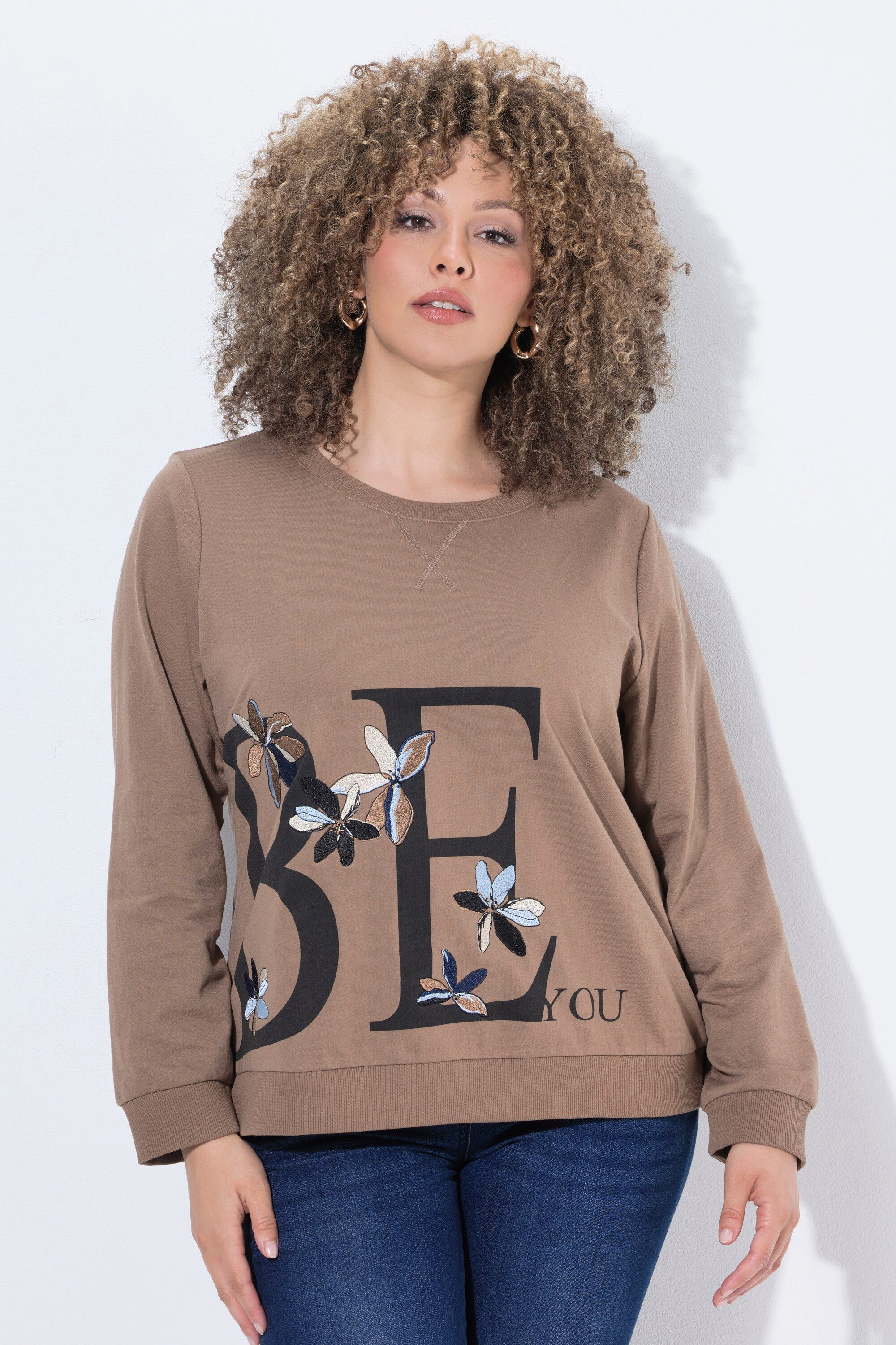 Sweatshirt Sweatshirt Blumen-Stickerei Rundhals