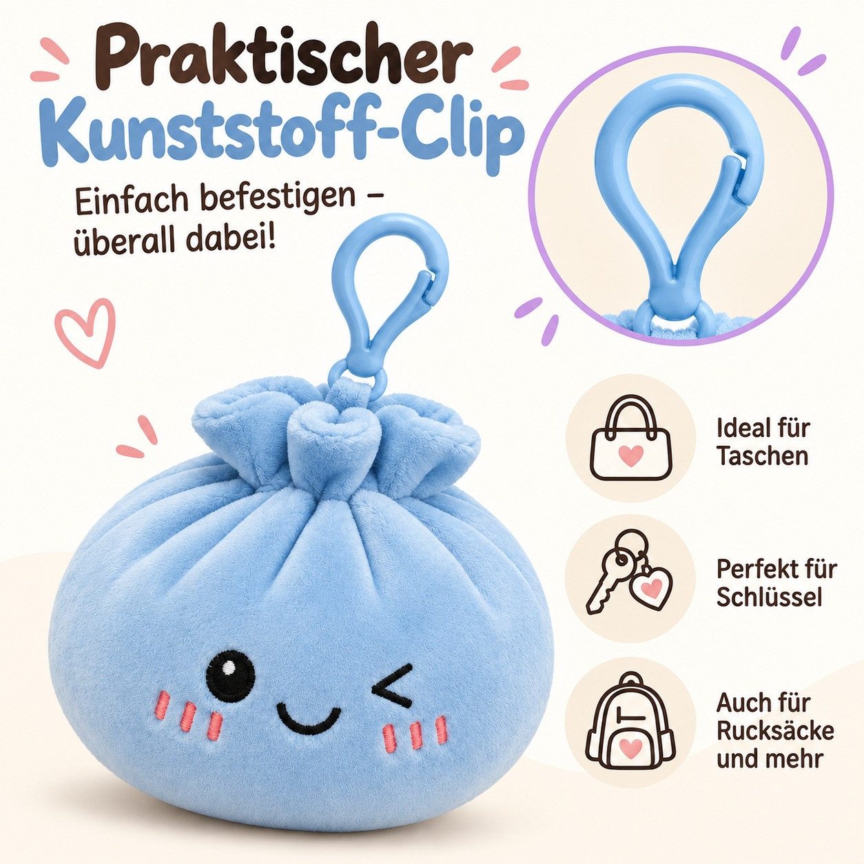 Bert Struis Gepäckanhänger Kawaii Dumpling Bagclip Taschenanhänger Schlüsselanhänger 12cm blau (Set, 1-St., Geschenk-Set) Plüschanhänger mit niedlichem Kawaii-G – Bild 4 von 5