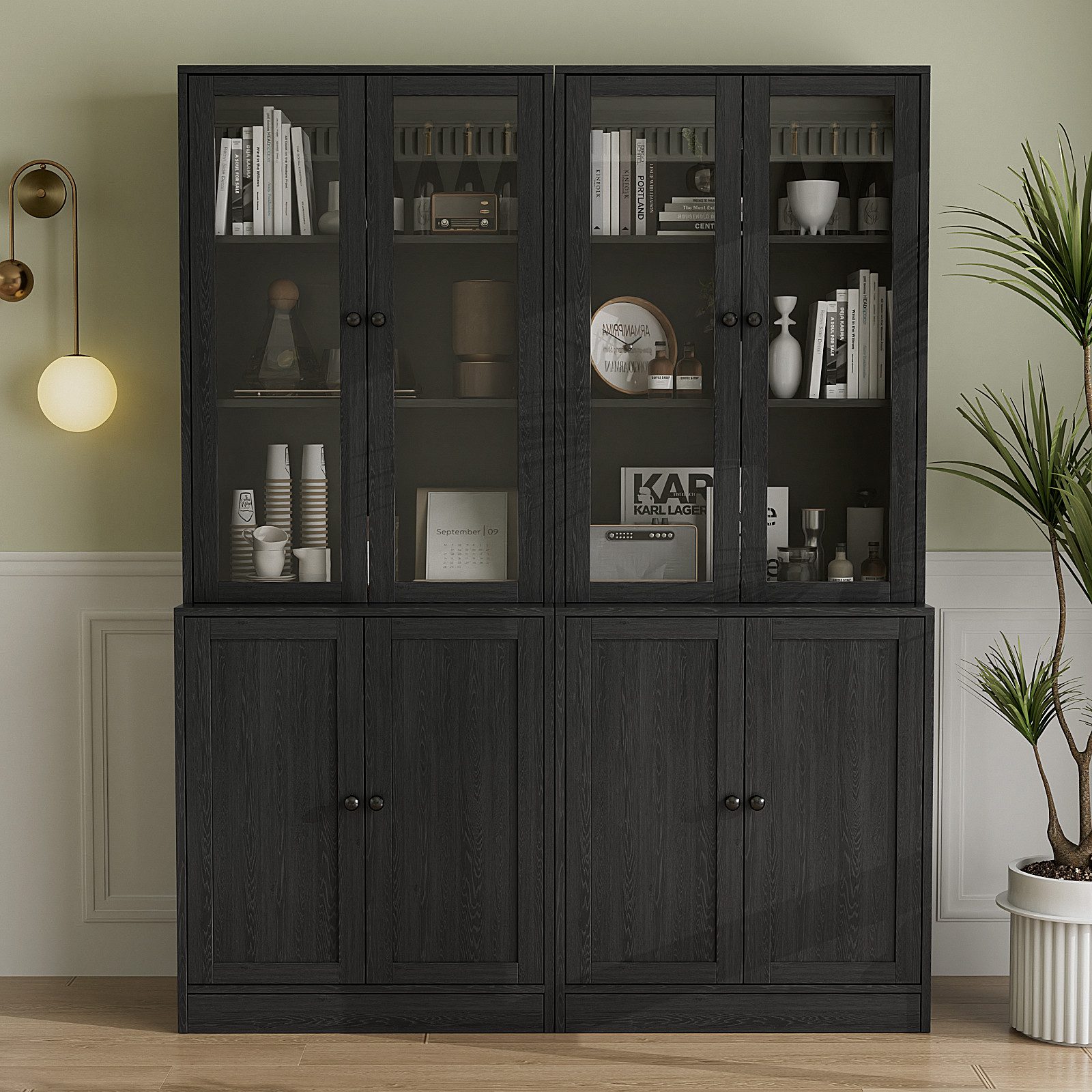 VOWNER Bücherregal 5-stöckiger Hochschrank mit Glastüren – 180 cm Vitrinenschrank, 2-tlg., Küchenhochschrank & Buffetschrank für Wohnzimmer, Esszimmer