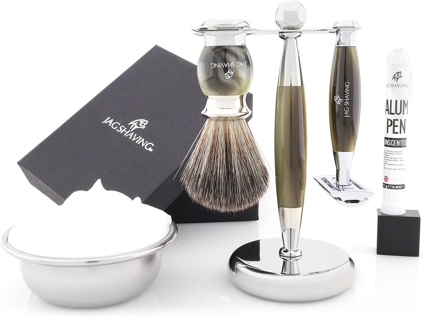 JAG SHAVING Rasierpinsel-Set Rasierpinsel aus Kunsthaar mit Doppelklingen-Herrenrasierer, Rasierset, Set, 5 tlg., Rasierset mit zusätzlichem Rasierzubehör für eine klassische Rasur., Für eine optimale Aufbewahrung den Rasierer von Hand aufbewahren.