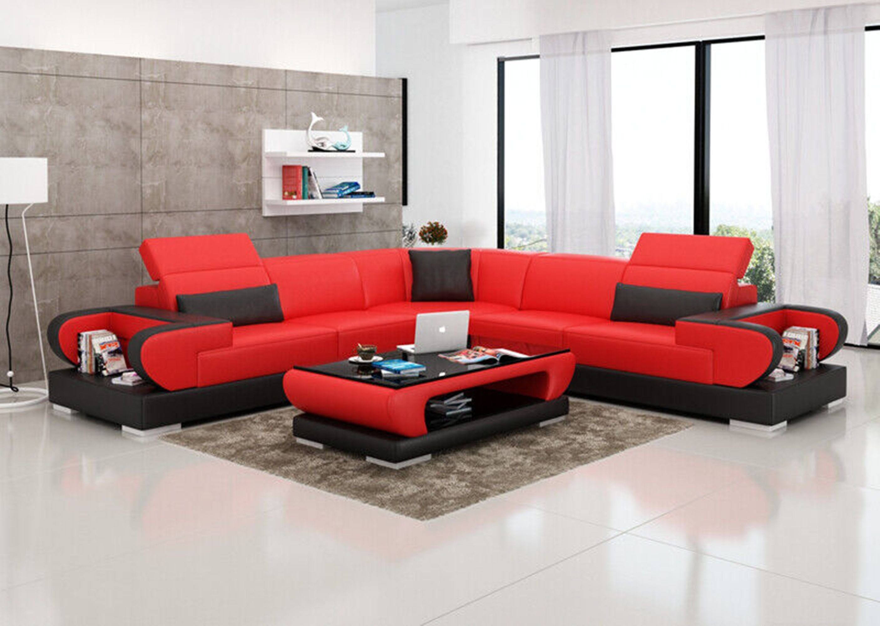 JVmoebel Ecksofa, Ledersofa mit USB Wohnlandschaft Ecksofa Eck Garnitur G8002B Rot