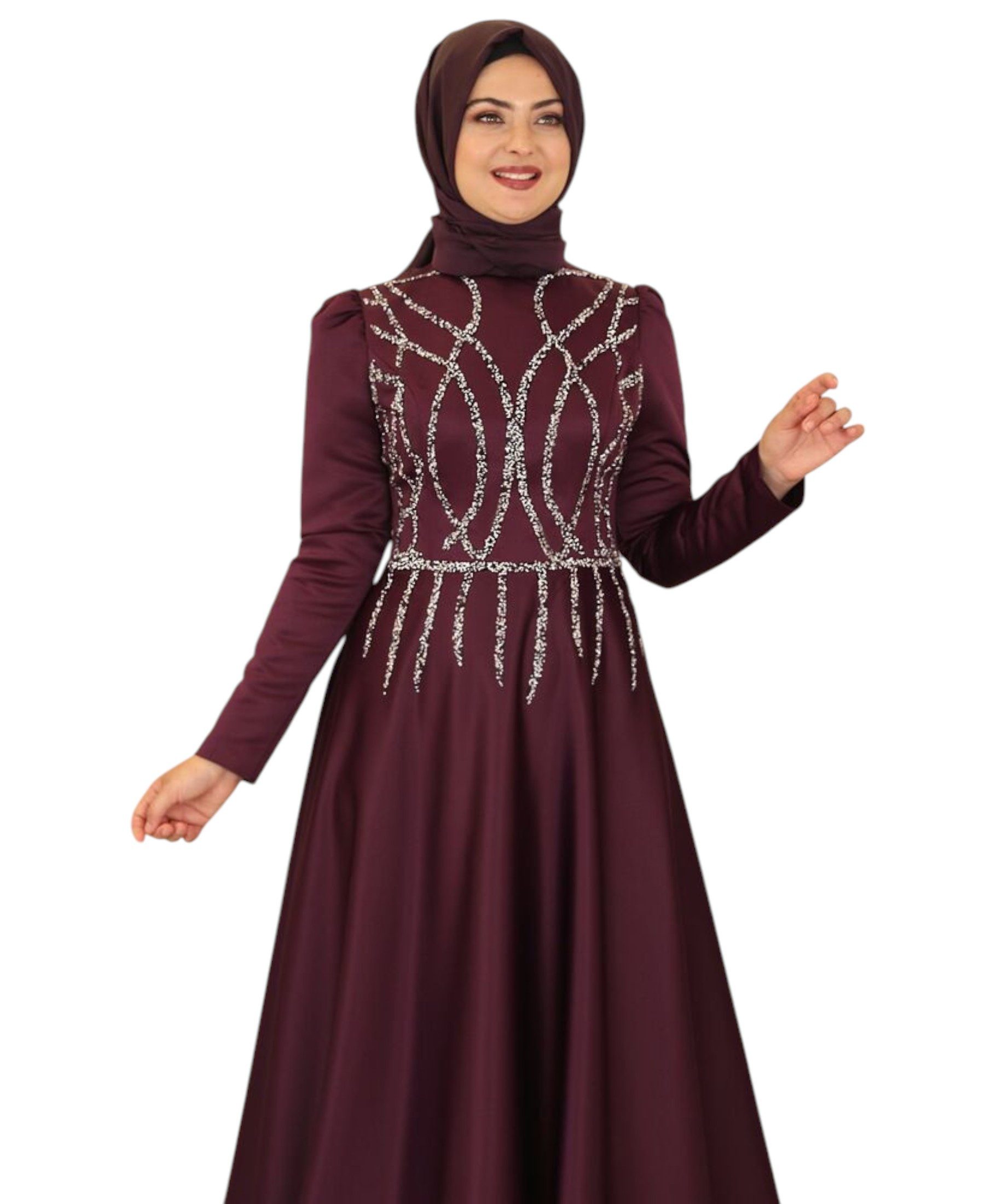 fashionshowcase Satinkleid Maxikleid in Satinoptik mit Schmucksteinbesatz - Modest Fashion Abiye