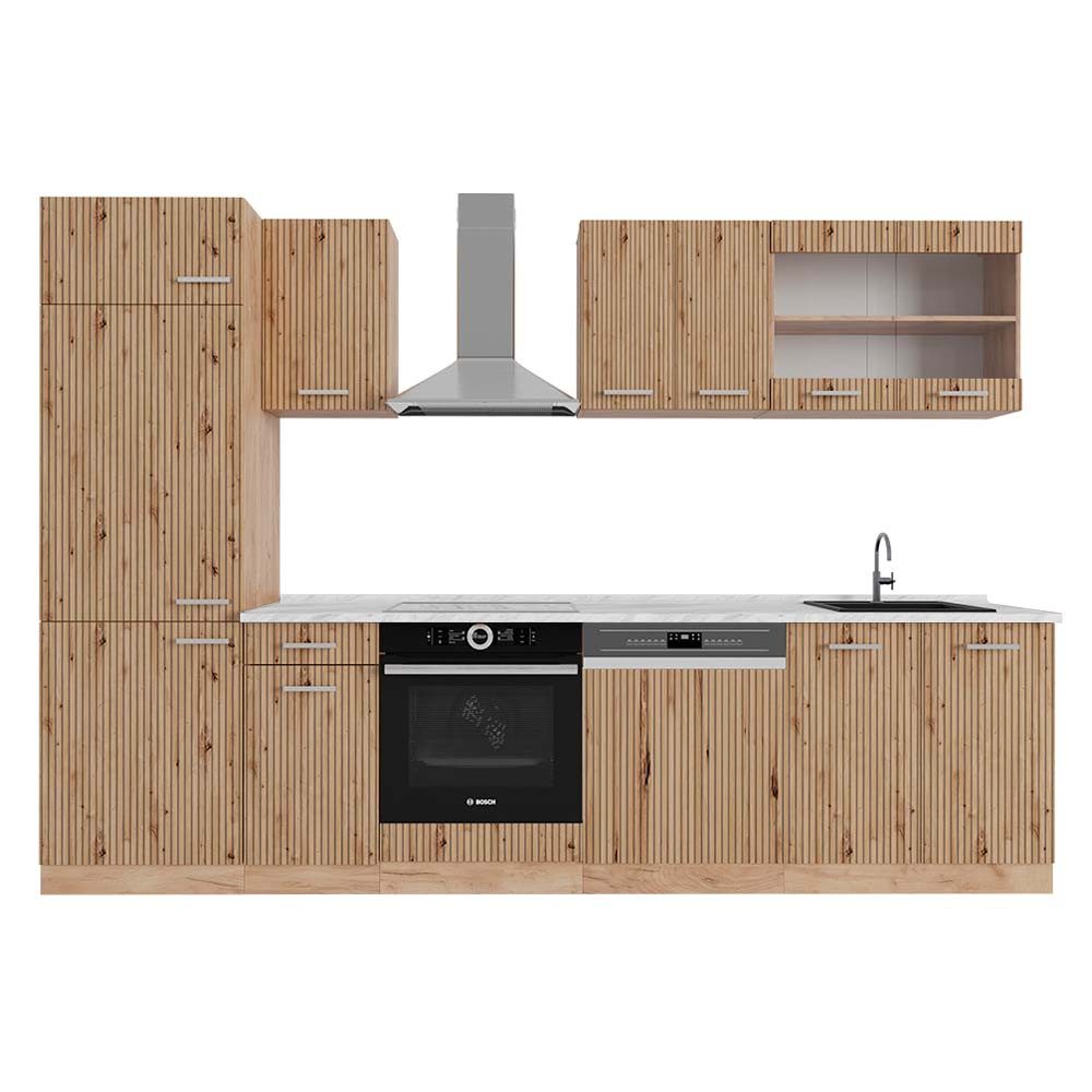 Vicco Küchenzeile R-Line, Artisan-Eiche/Goldkraft Eiche, 300 cm, AP Marmor