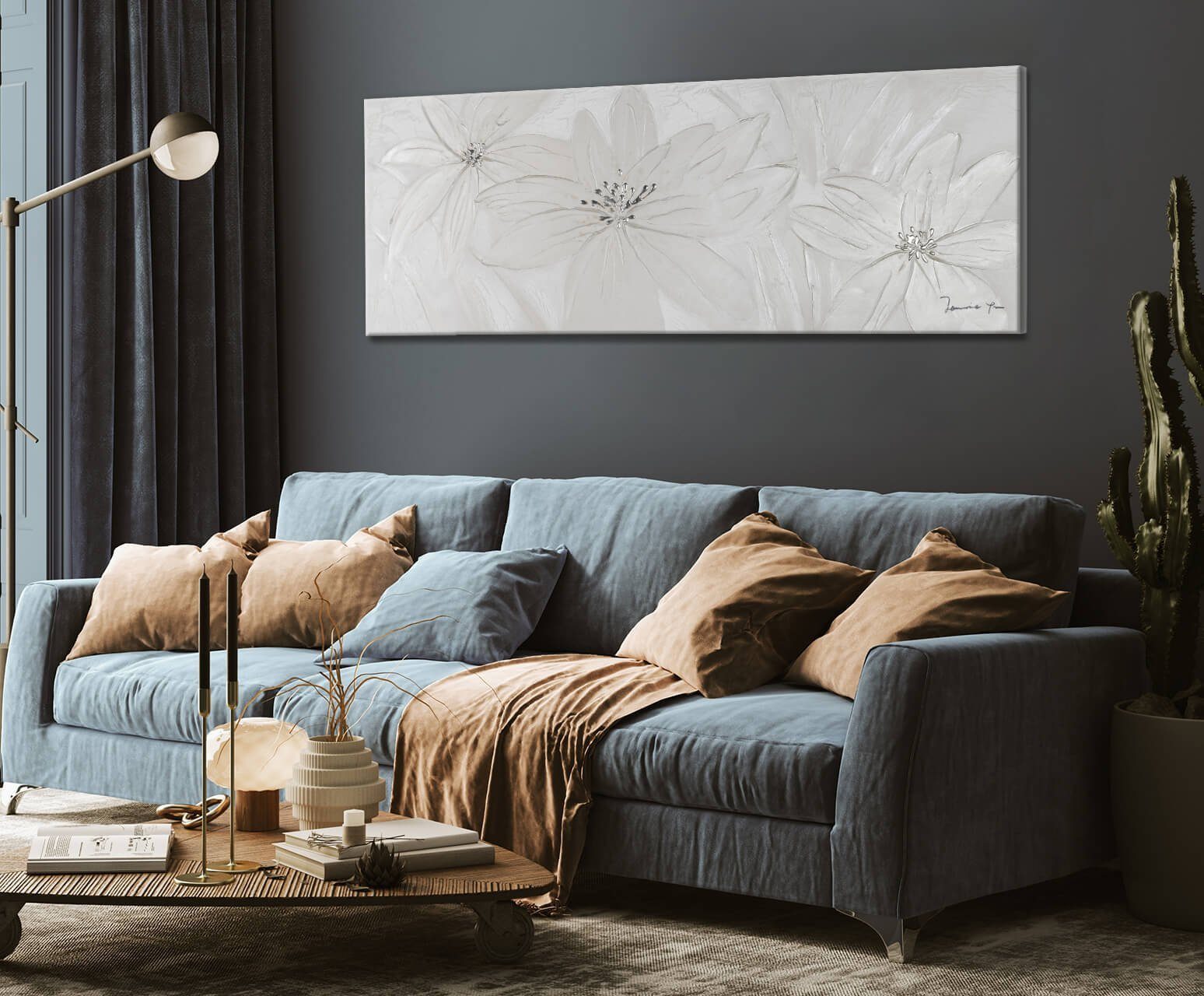 KUNSTLOFT Gemälde Leinwandbild cm, HANDGEMALT Wandbild Frozen Flowers Wohnzimmer 150x50 100