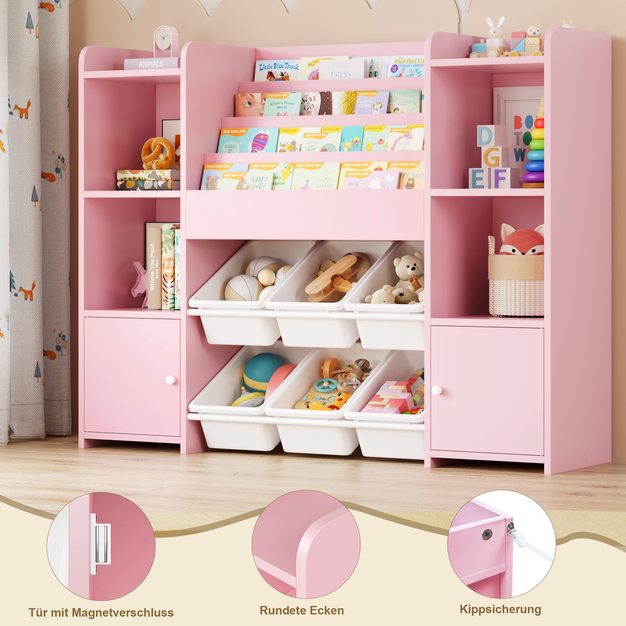 Homfa Kinderregal, Kinderbücherregal Spiegelregal mit 6 Boxen rosa 119x29x94 cm