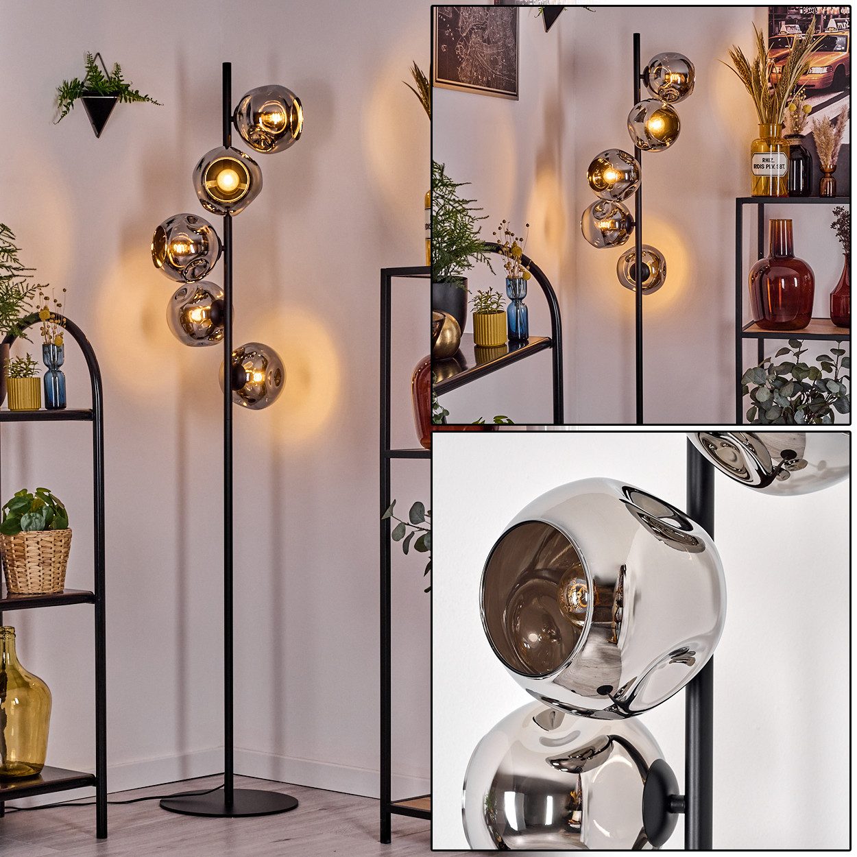 Stehlampe Stehlampe aus Metall/Glas in Schwarz/Chrom/Rauch mit Fußschalter
