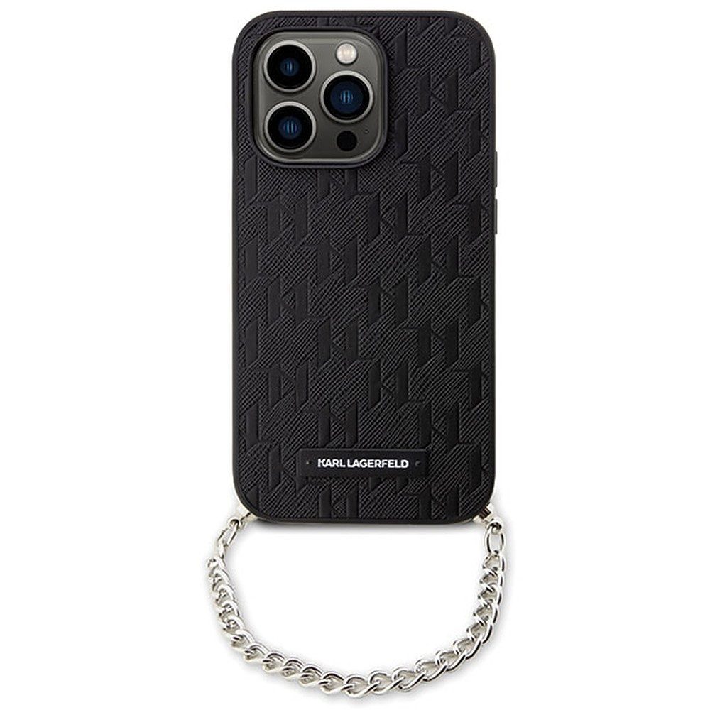 KARL LAGERFELD Handyhülle Schutzhülle Kettenhülle Handykette 6,1 Zoll, Monogramm-Prägung, Metallkette, Saffiano