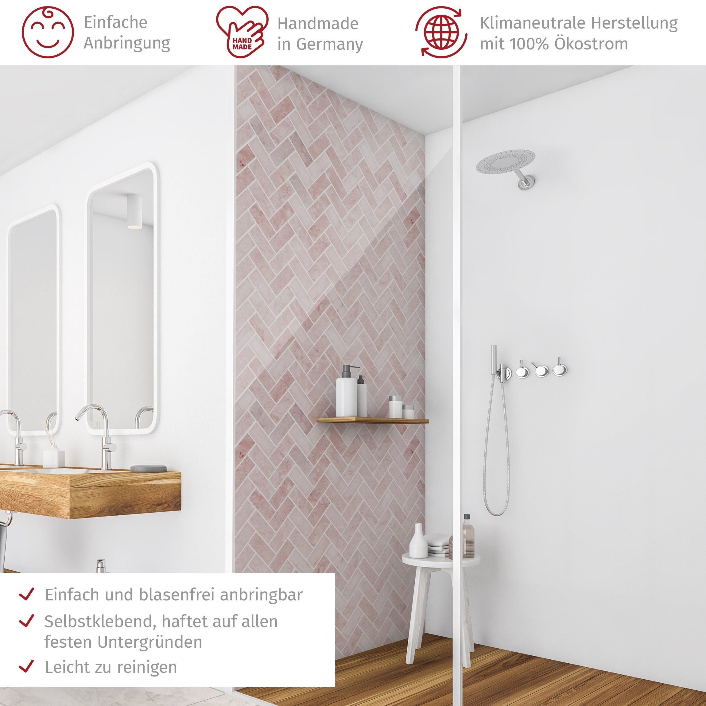 Thumbnail - Bilderdepot24 Badrückwand Marmor Fliesenoptik rosa Duschrückwand ohne Bohren Dusche, (1-tlg., Hart-Folie Premium matt 0,...