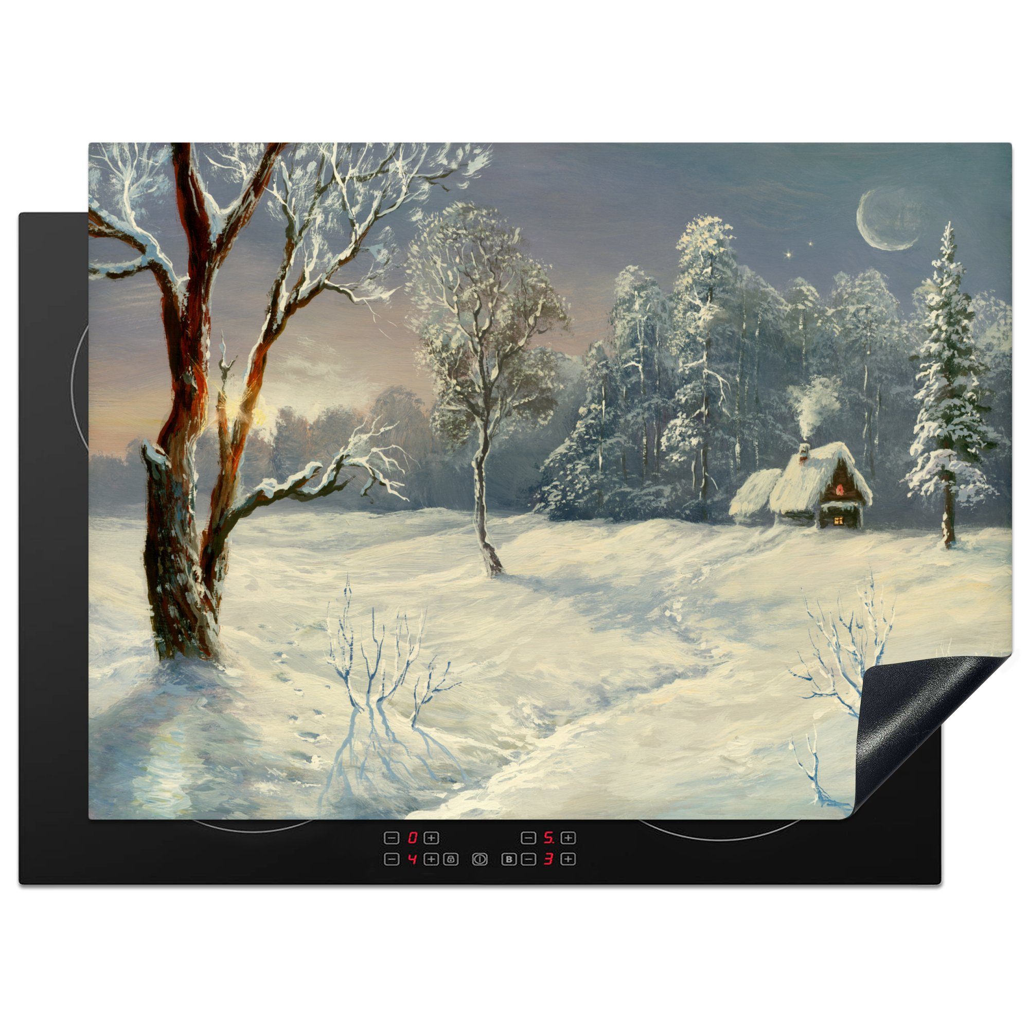 MuchoWow Herdblende-/Abdeckplatte Illustration einer verschneiten Landschaft, Vinyl, (1 tlg), 70x52 cm, Mobile Arbeitsfläche nutzbar, Ceranfeldabdeckung