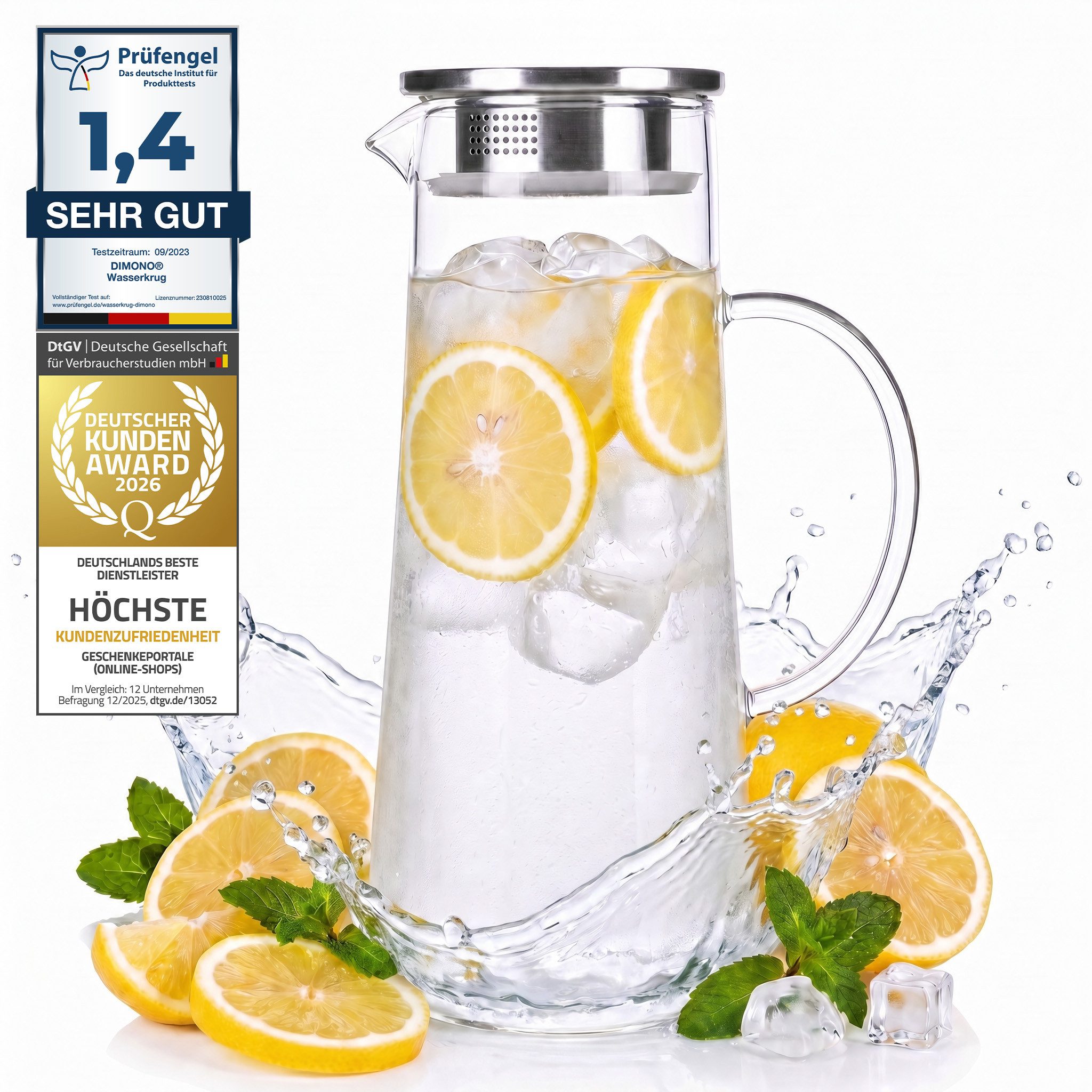 Dimono Wasserkaraffe Dimono Wasserkaraffe 1,5L – Glas Wasserkrug mit Edelstahlfilter, (1,5 Liter, Glas-Krug), Getränkekaraffe für heißes & kaltes Wasser