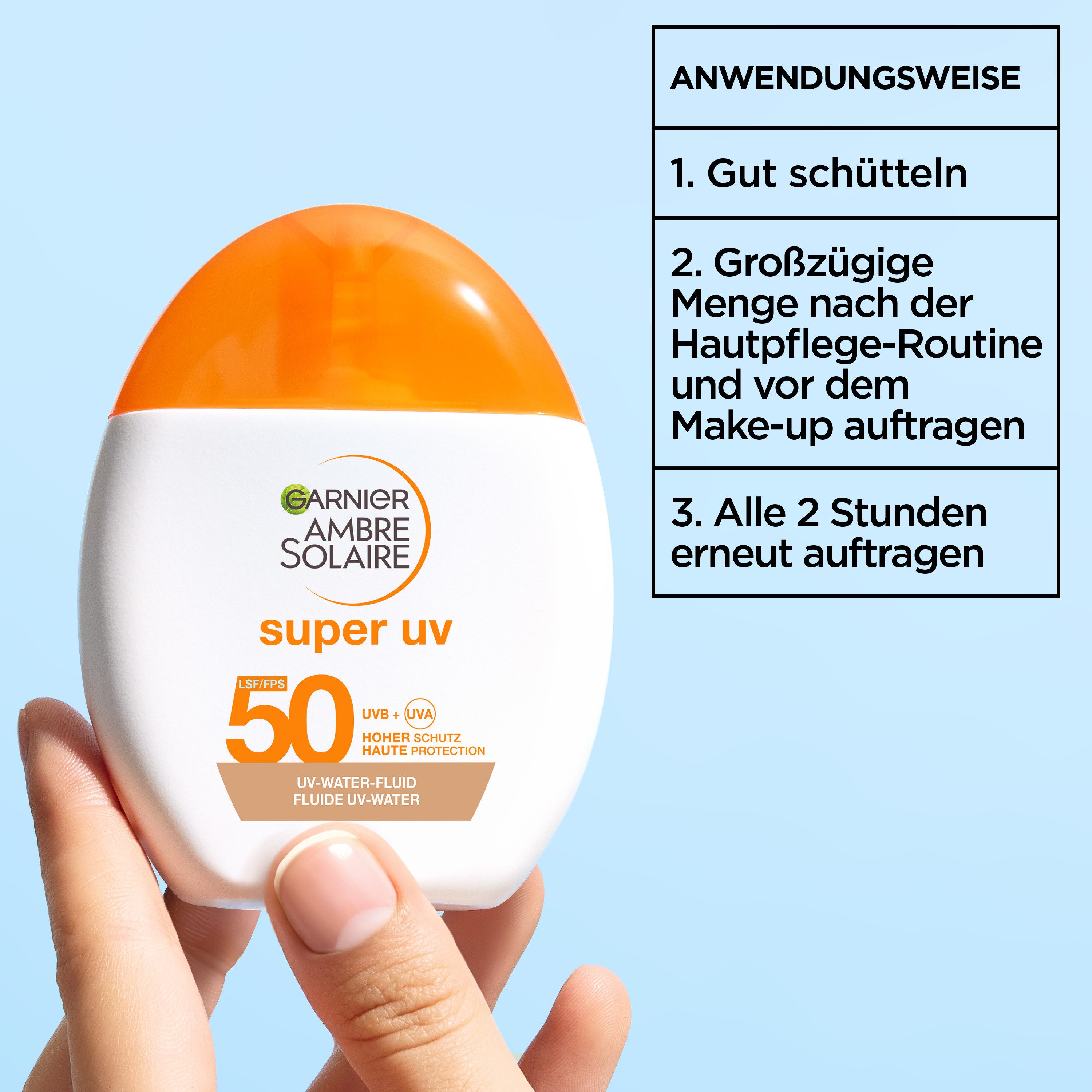 GARNIER Sonnenschutzfluid Garnier Super UV UV-Water-Fluid Glow LSF 50, für das Gesicht, leichte Fluid-Textur, mit LSF 50