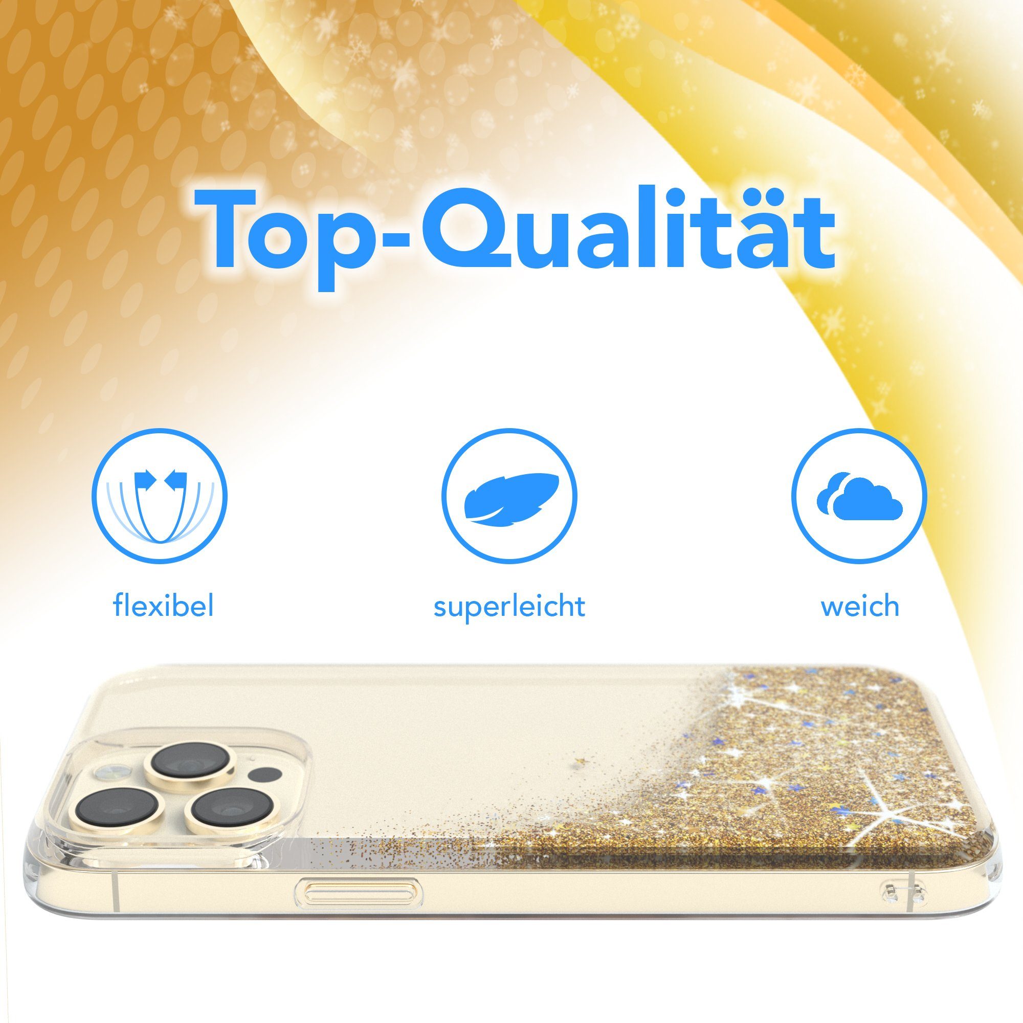 EAZY CASE Handyhülle Liquid Glittery Case für Apple iPhone 14 Pro Max 6,7 Zoll, Durchsichtig Back Case Handy Softcase Silikonhülle Glitzer Cover Gold