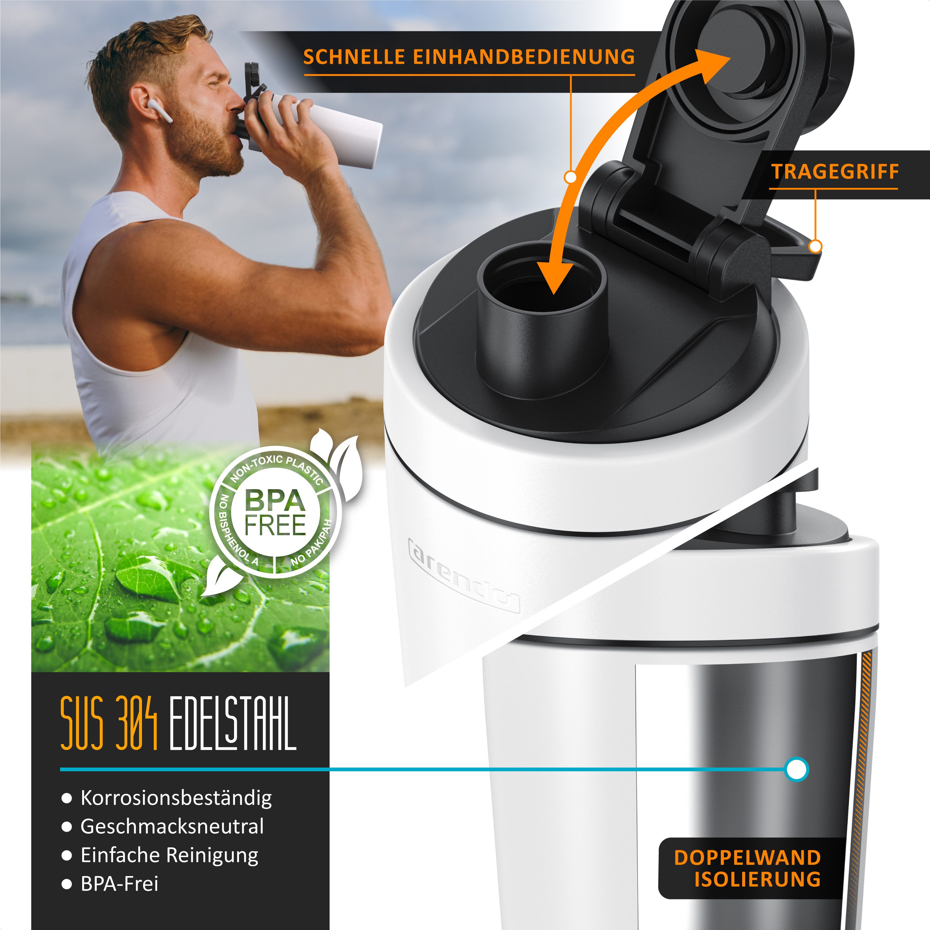 Arendo Protein Shaker Edelstahl Eiweißshaker 750 ml, verschließbar, bruchfest, BPA-frei, Edelstahl, auslaufsicher, spülmaschinengeeignet, mit Tragegriff und Mixball