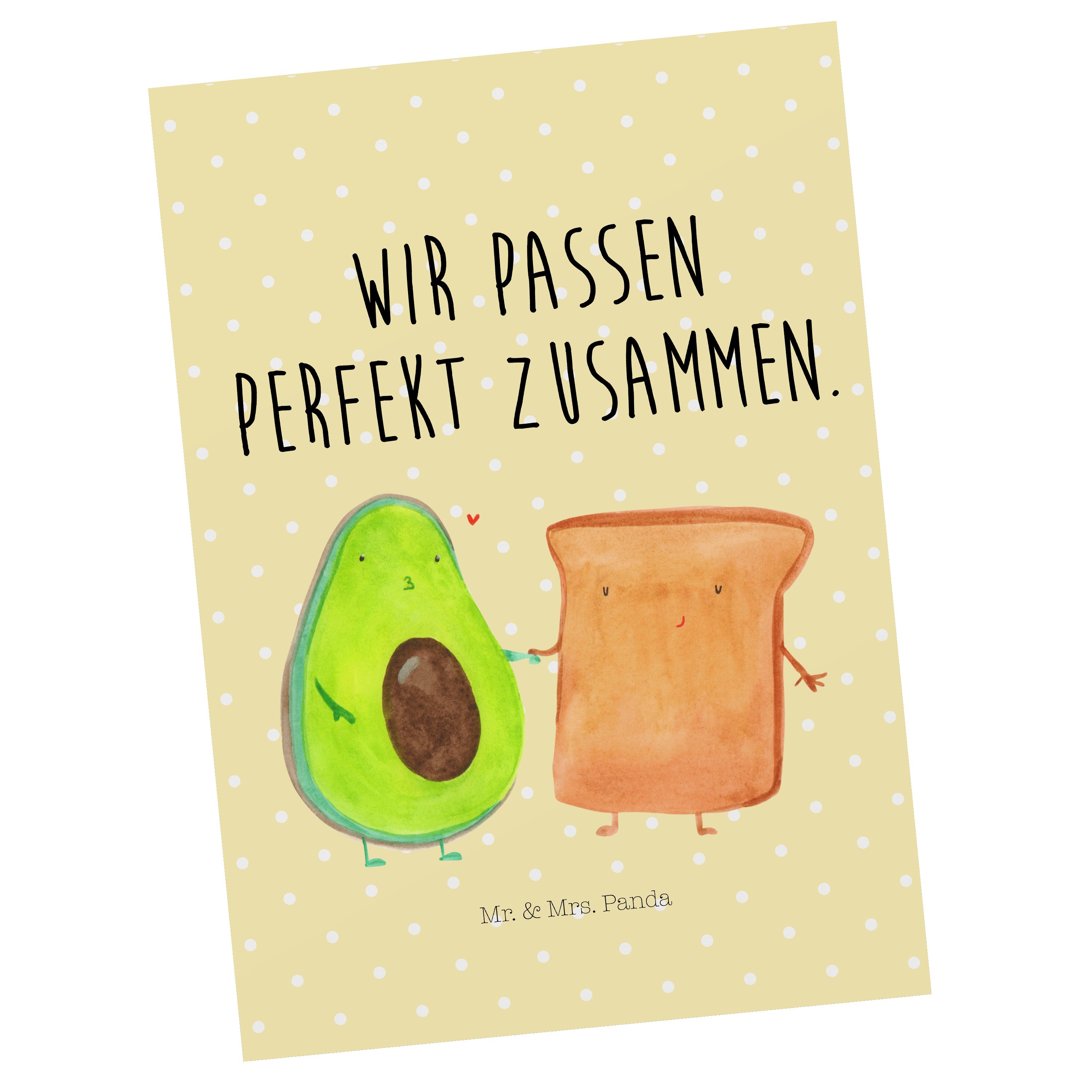 Mr. & Mrs. Panda Postkarte Avocado + Toast - Gelb Pastell - Geschenk, Freundin, Verlobungsparty