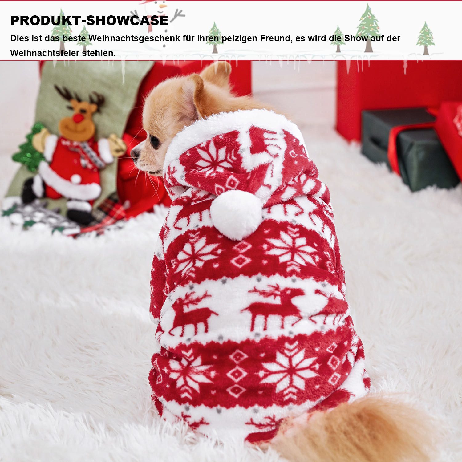 Refttenw Hundekleid Hundepullover mit Kapuze,gestrickter Rollkragen-Weihnachtspullover
