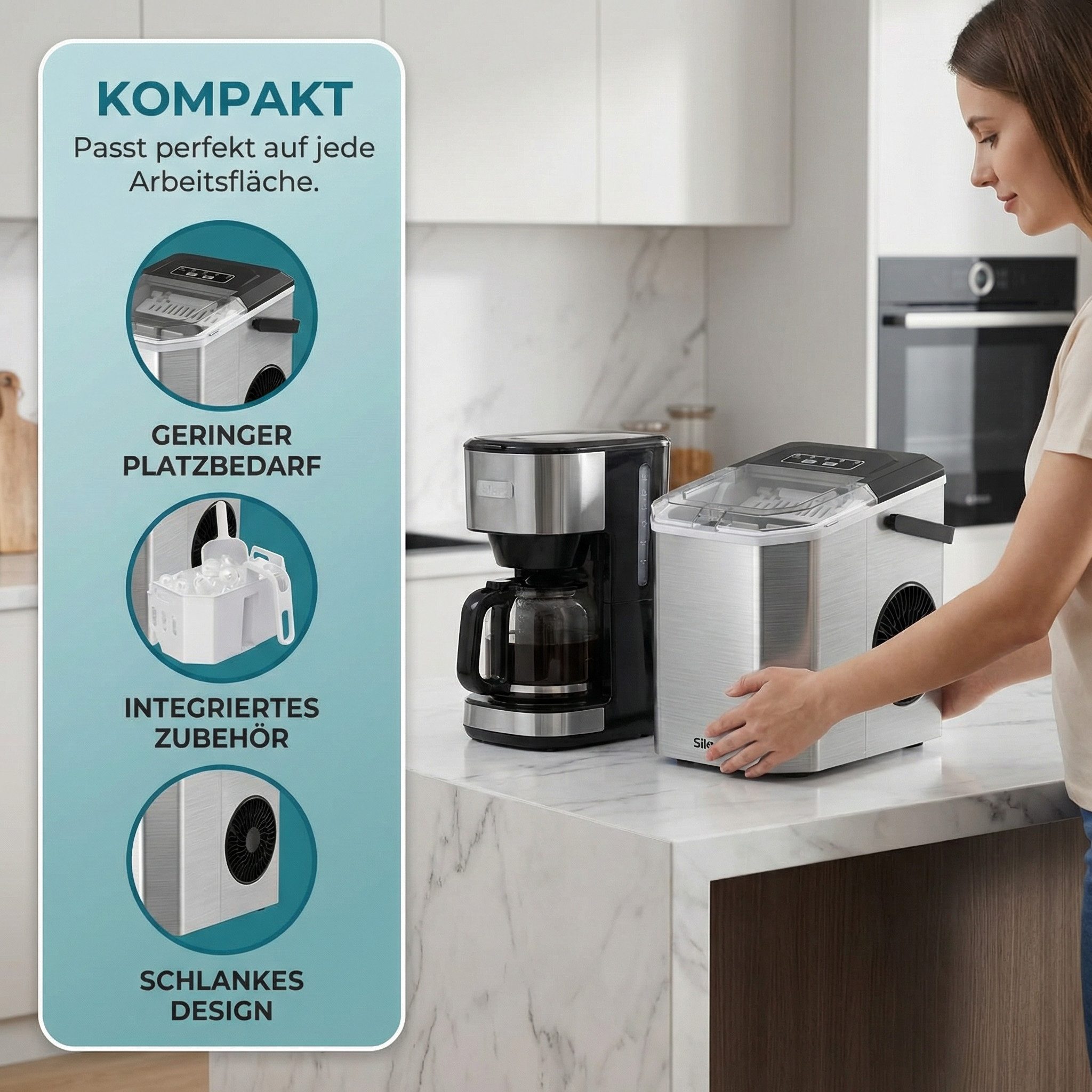 Silonn Eiswürfelmaschine Eiswürfelbereiter kompakt, 2 Eisgrößen, Selbstreinigung, tragbar, 12 kg/Tag, selbstreinigend, ≤ 35 dB – Bild 3 von 5