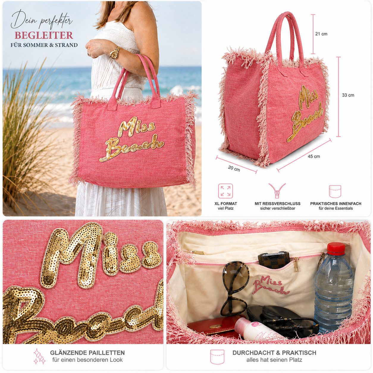 Miss Beach Strandtasche - Badetasche mit Reißverschluss - Canvas Shopper Urlaub Groß 29 Liter, Paillettenprint