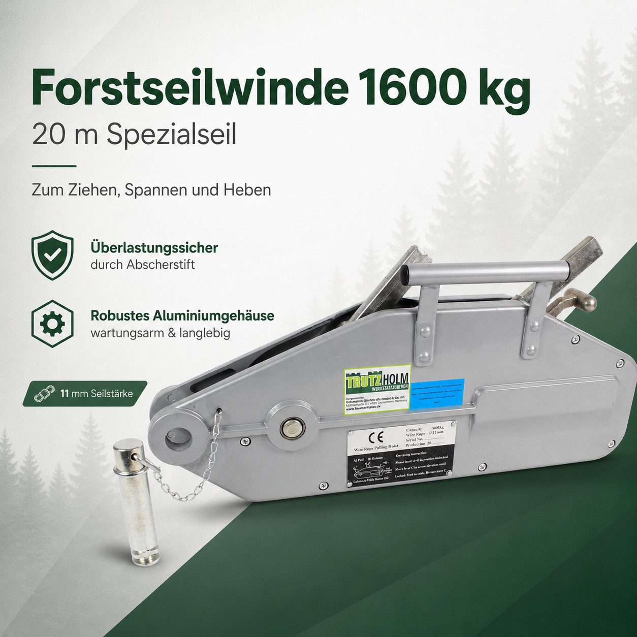 TRUTZHOLM Seilwinde Seilzug 1600kg Greifzug Seilwinde Forstseilwinde Offroad Winde 1,6 t, (1-St), Überlastungsschutz,Gummierter Handgriff – Bild 2 von 5