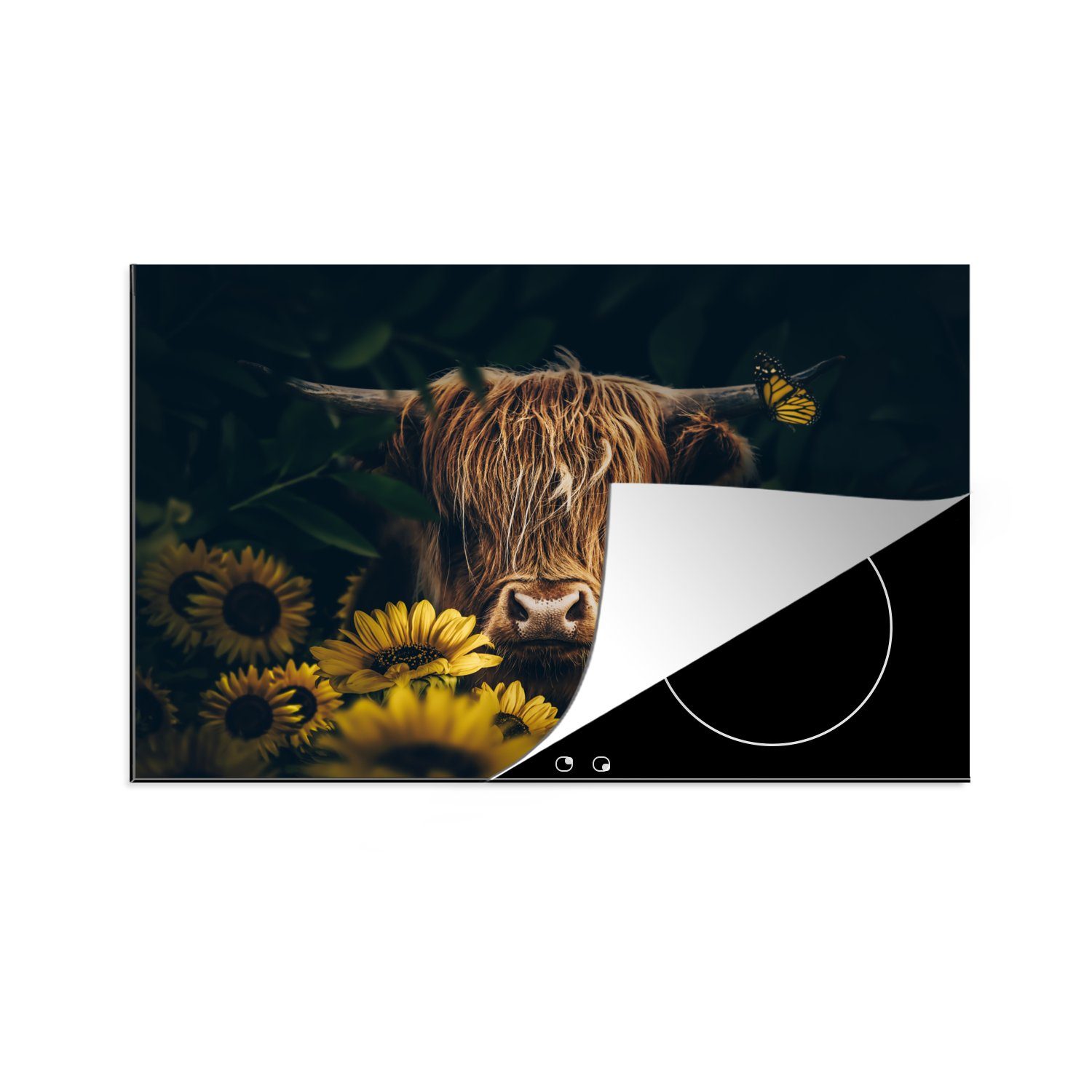 MuchoWow Herdblende-/Abdeckplatte Schottische Highlander - Blumen - Kuh - Botanisch - Tiere, Vinyl, (1 tlg), 80x52 cm, Induktionskochfeld Schutz für die küche, Ceranfeldabdeckung