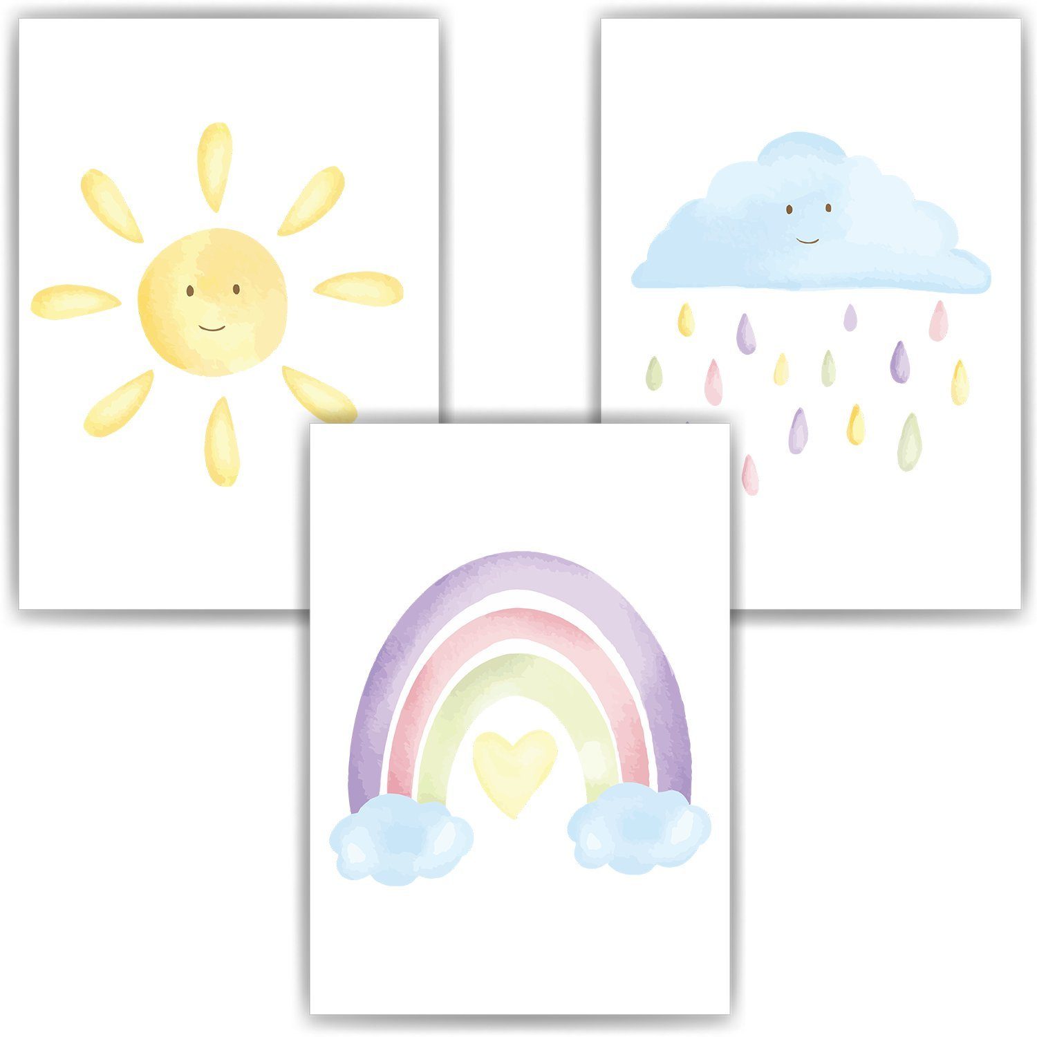 Tigerlino Poster Pastell Sonne Regenbogen Wolke 3er Set Kinderzimmer Bilder Babyzimmer