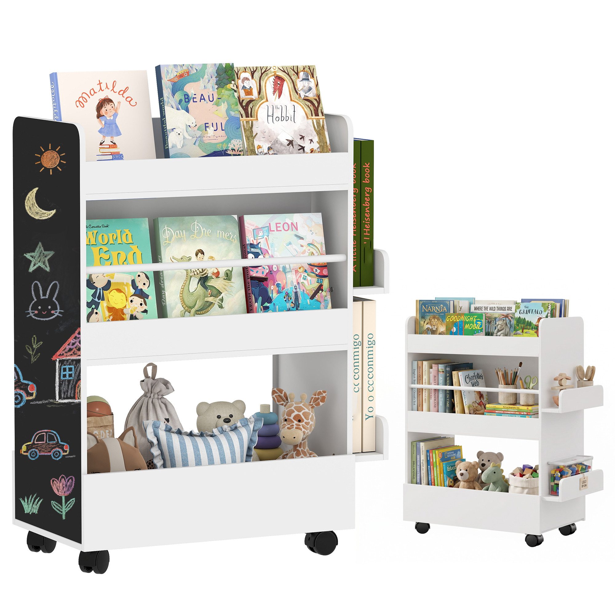 AIYAPLAY Regal doppelseitiges Kinderregal mit 4 Regalen, Bodenfach, 2 Seitenteile, Kinder Bücherregal 1-tlg., mit Tafel, Rollen, für Kinderzimmer, Spielzimmer, für 3–8 Jahre, Weiß